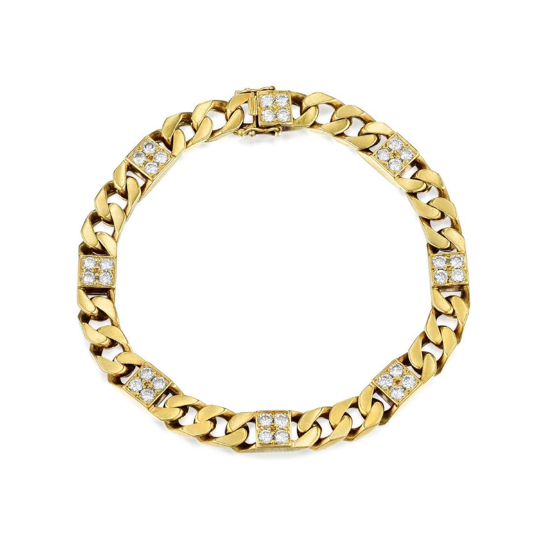 Van Cleef & Arpels Gold and Diamond Bracelet: Crafted in 18K gold, featuring eight square links adorned with 32 round brilliant cut diamonds weighing a total of approximately 2.50 carats, G-H color, VS clarity; assembled together with 18K gold cu
