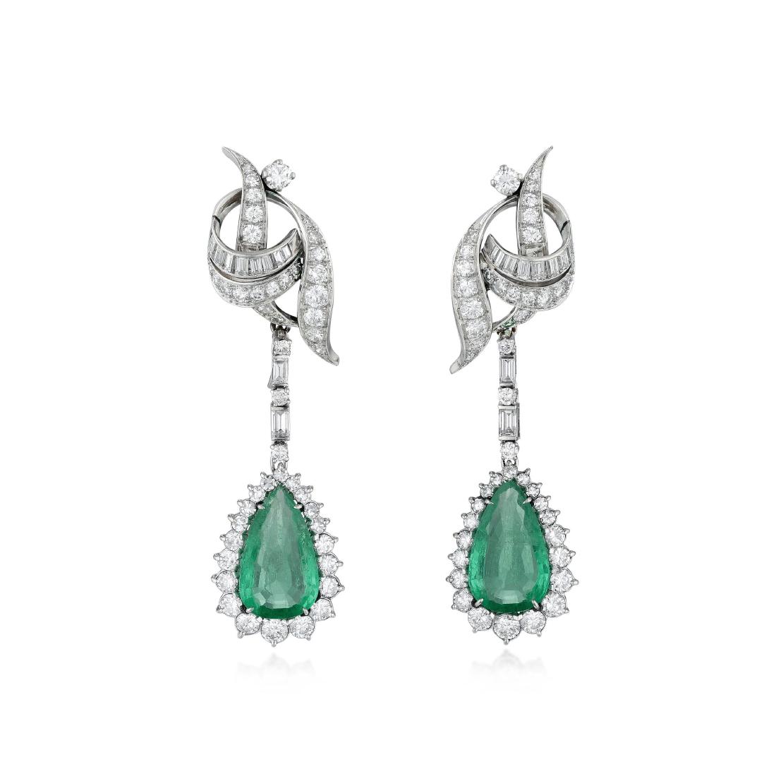 A Pair of Diamond and Emerald Drop Platinum Earclips (1 of 2)