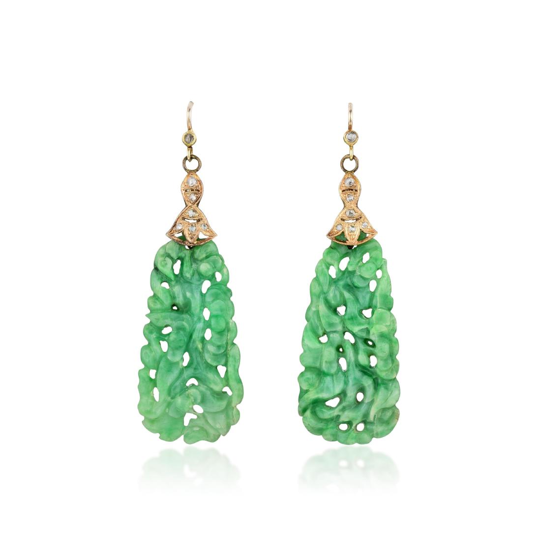 A Pair of 14K Gold Carved Jade and Diamond Earrings (1 of 2)