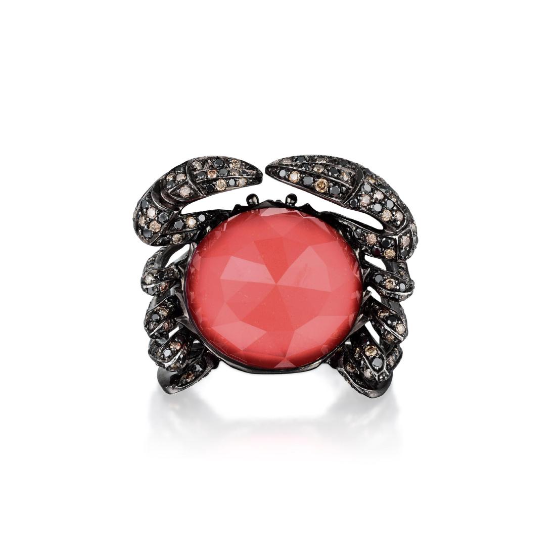 Stephen Webster Red Coral Crystal Haze Diamond Crab: Crafted in 18K gold; centering a rose-cut quartz weighing approximately 24.80 carats; featuring 146 round brilliant-cut brown diamonds weighing a total of approximately 1.37 carats, most with SI clari