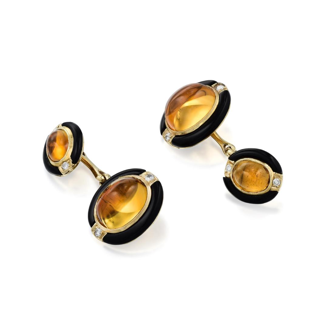 A Pair of 18K Gold Citrine Enamel and Diamond Cufflinks (1 of 2)