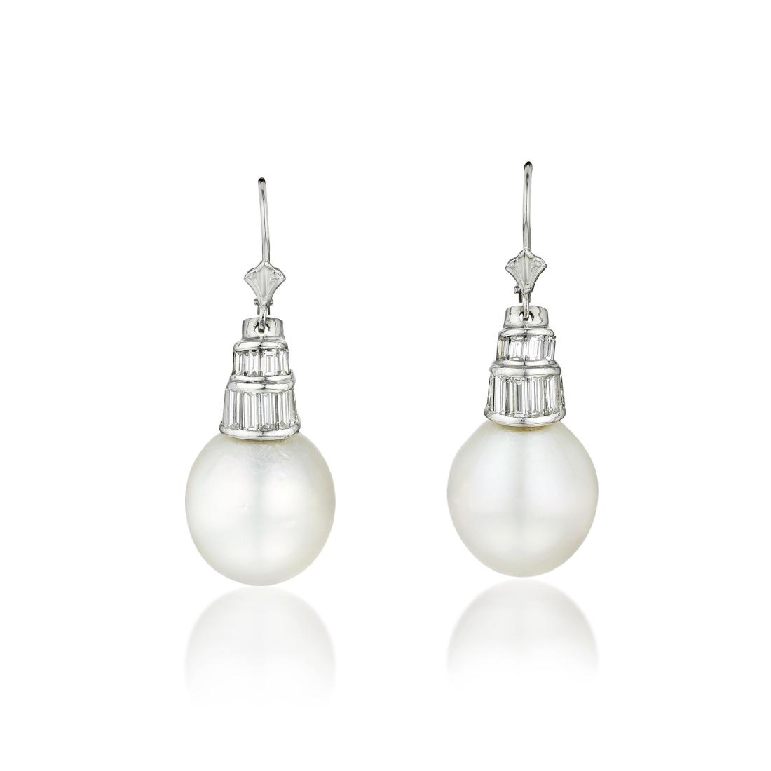 A Pair of Cultured Pearl and Diamond Earrings (1 of 2)