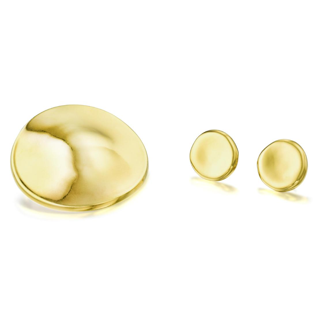 Robert Lee Morris Pendant/Brooch and Earrings: Crafted in 18K gold; pendant/brooch fastened with a single pin stem and catch; pendant/brooch measures 1-7/8 inches; earrings measure 3/4 inch by 5/8 inch; total weight 29.93 g. Signed: ROBERT LEE MOR