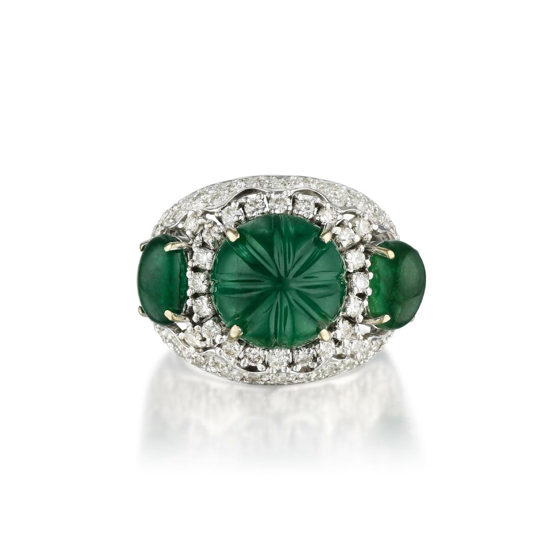A Carved Emerald and Diamond Ring (1 of 3)