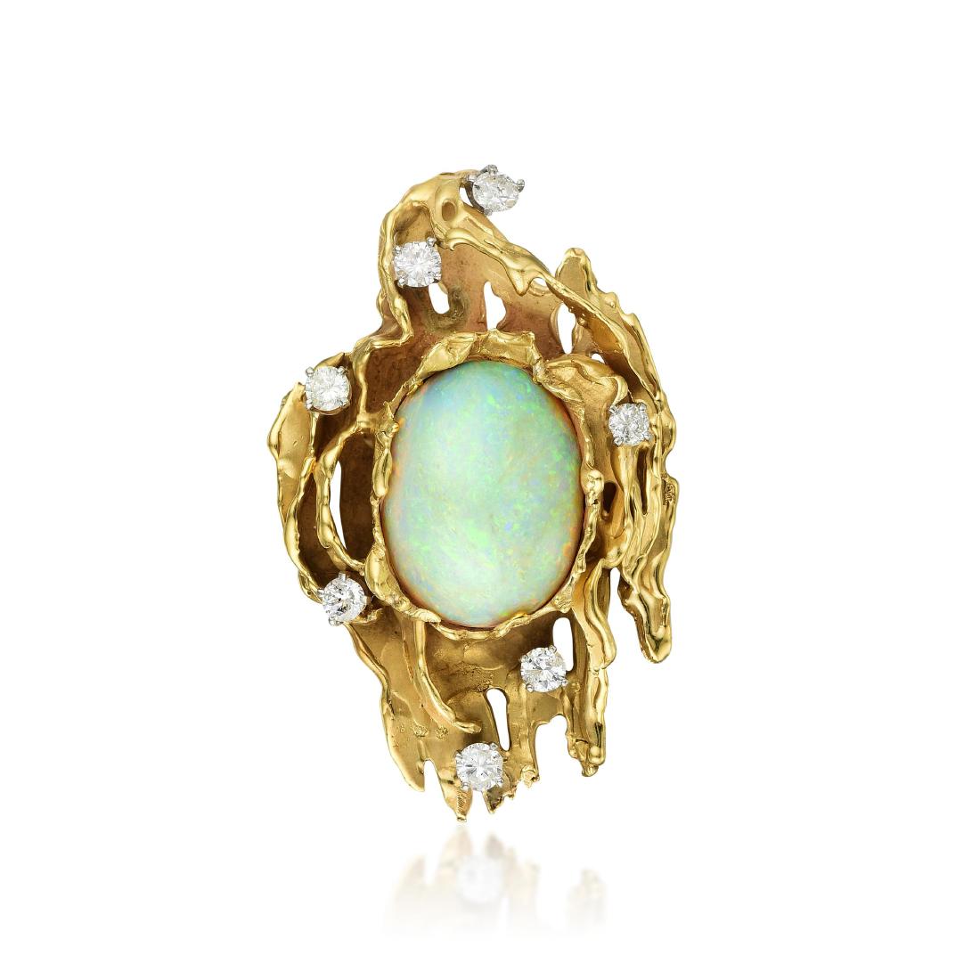 Erwin Pearl Opal and Diamond Pin/Pendant: Crafted in 18K gold; featuring an opal weighing approximately 12.50 carats; and seven round brilliant-cut diamonds weighing a total of approximately 1.40 carats, most with G-H color and I1 clarity; fa