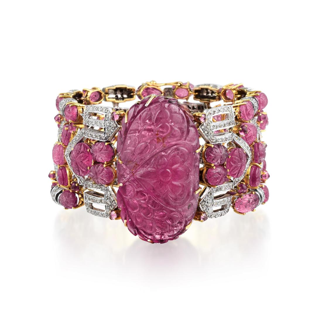 A Wide Carved Pink Tourmaline and Diamond Bracelet (1 of 2)