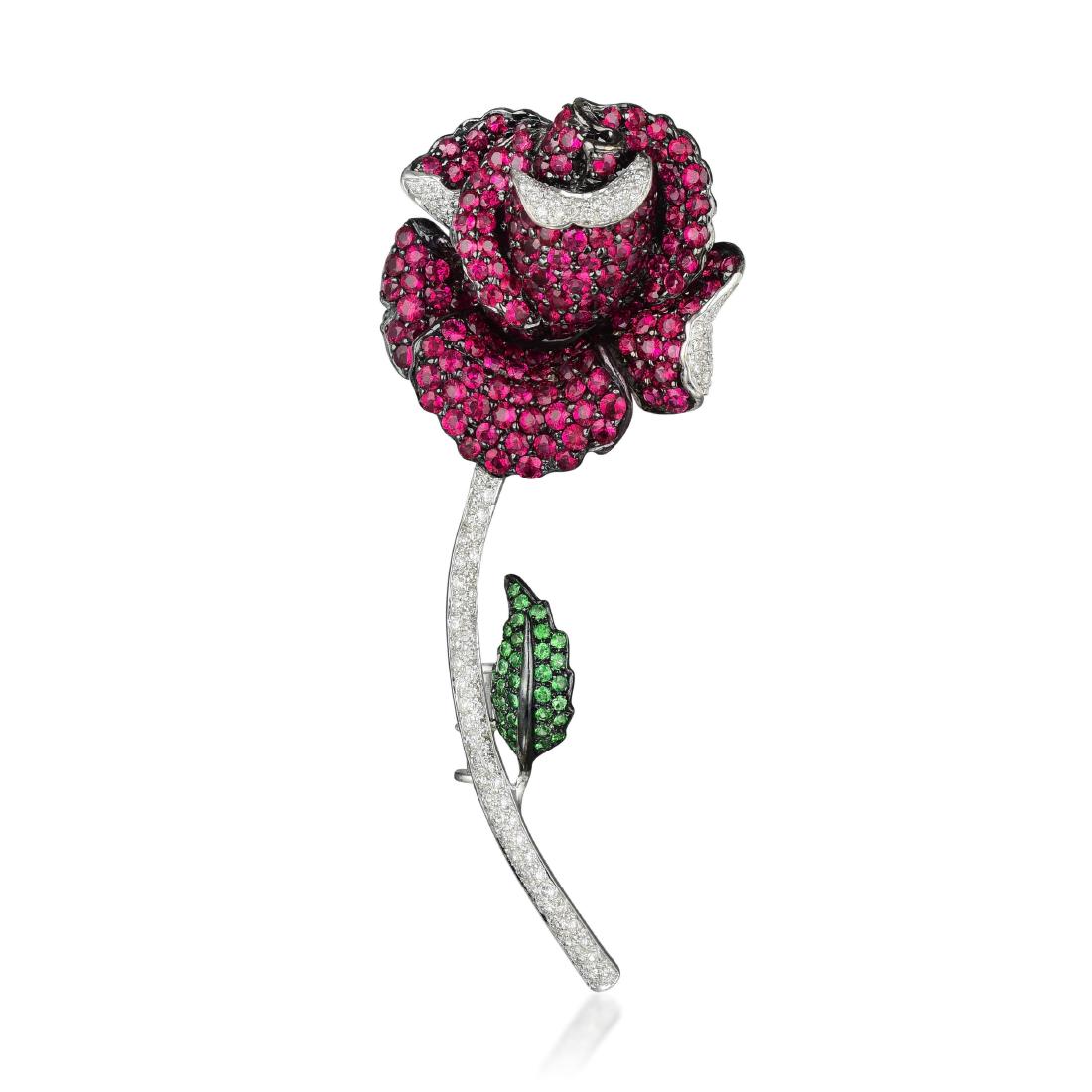 A Ruby Tsavorite and Diamond Rose Brooch (1 of 2)