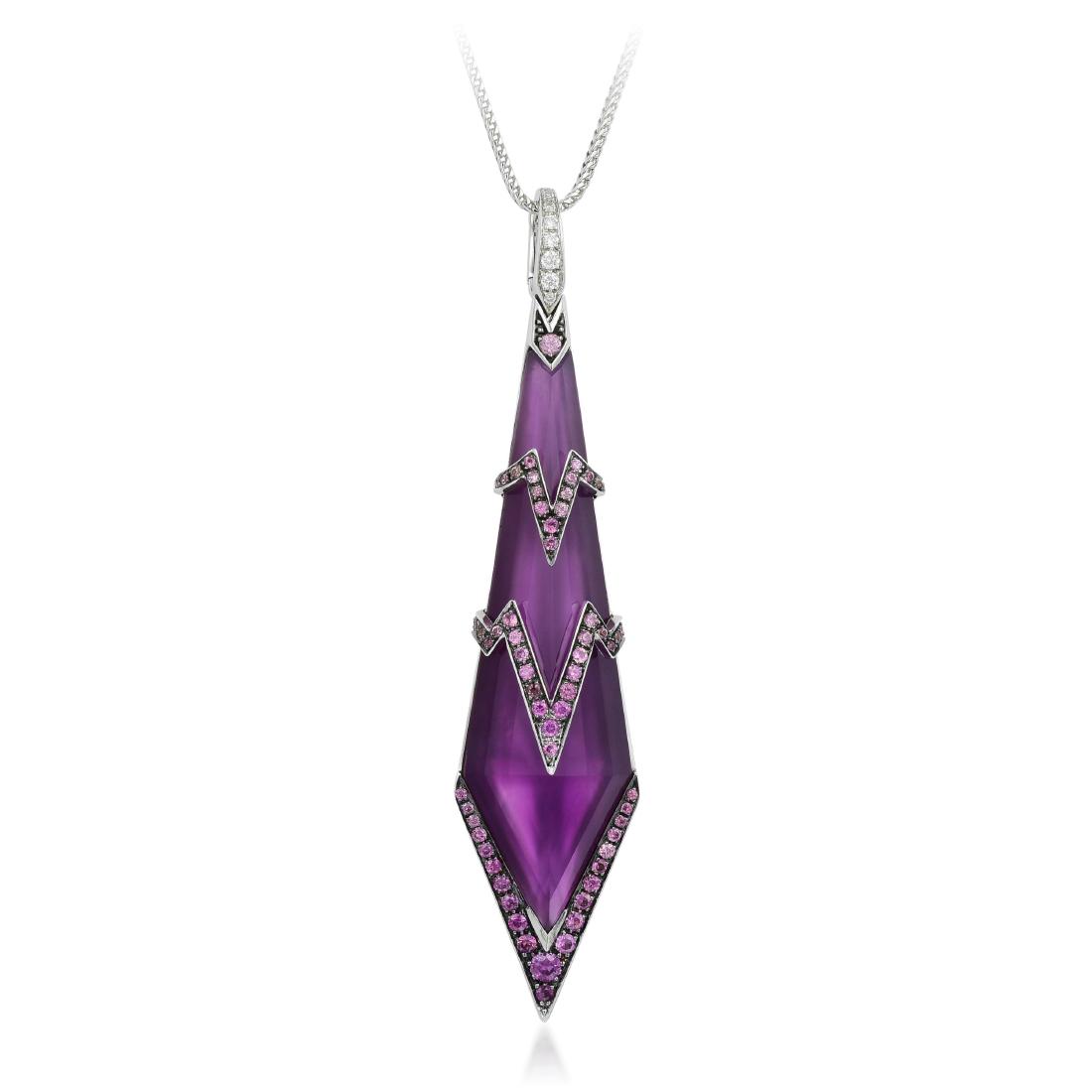 Stephen Webster Lady Stardust Pendant Necklace: METAL: 18K white gold GEMSTONE(S): synthetic amethyst approx. 2 x 5/8 inches; purple sapphires weight 0.69 carat total; round brilliant-cut diamonds weight 0.10 carat total, F-G/VS (gemstone and diamo