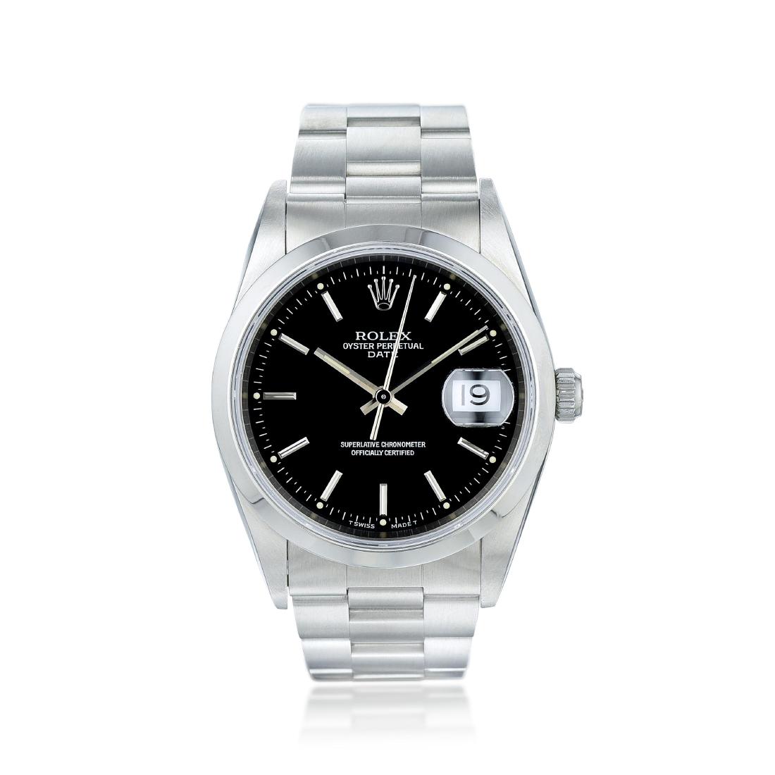 Rolex Oyster Perpetual Date Ref. 15200 in Steel: CIRCA: 1994 REF.: 15200 CASE NUMBER: W419028 CASE MATERIAL: Stainless steel CASE DIMENSIONS: 35 mm in diameter DIAL: Black dial with stick markers, luminous hour plots, date at 3 o'clock BRACELET MATE