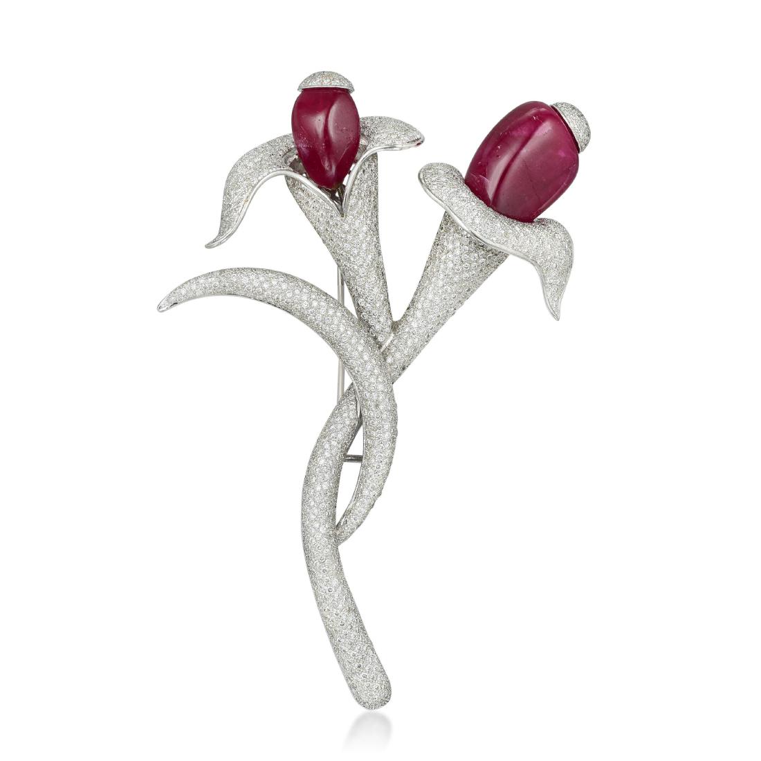A Ruby and Diamond Flower Brooch (1 of 2)