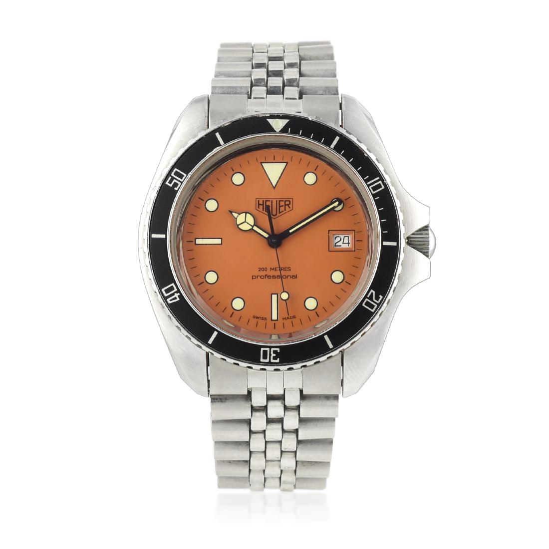 Heuer Ref. 980.005 Orange Diver in Steel: CIRCA: 1980s REF.: 980.005 CASE MATERIAL: Stainless steel CASE DIMENSIONS: 42 mm in diameter DIAL: Glossy orange with luminous hour markers and date aperture at the "3" hour marker BRACELET MATERIAL: 