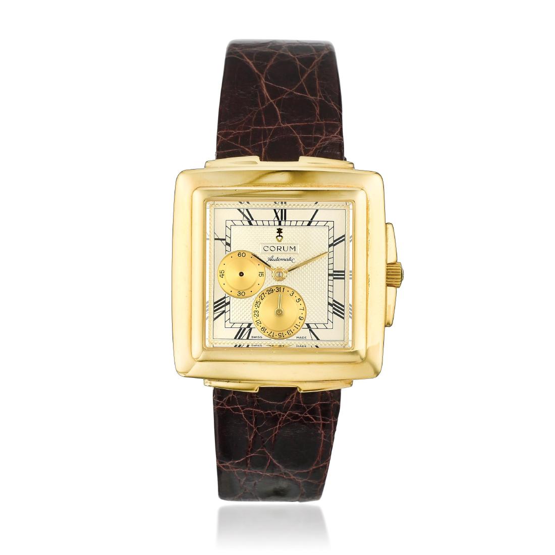 Corum Quadratus Ref. 74.121.56 in 18K Gold: CIRCA: 1990s REF.: 74.121.56 CASE MATERIAL: 18K yellow gold CASE DIMENSIONS: 33.00 mm in diameter DIAL: Silver with guilloche center, black Roman hour markers, gold date subregister, gold small second