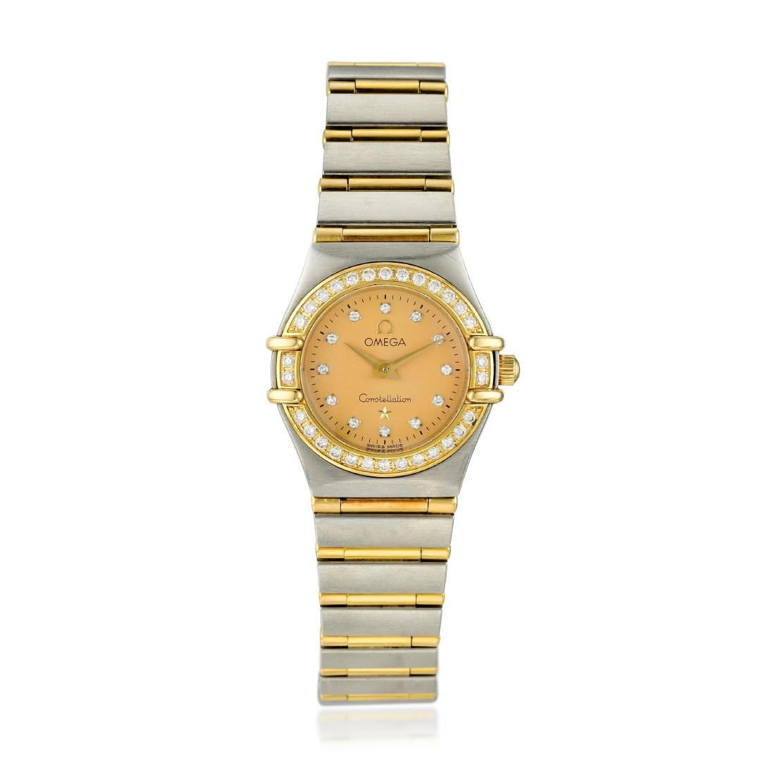 OMEGA Ladies Constellation Ref. 1267.15.00 with Diamond: CIRCA: 2000s REF.: 1267.15.00 CASE MATERIAL: 18K yellow gold with diamond-set bezel CASE DIMENSIONS: 23.00 mm in diameter DIAL: Champagne sunburst with diamond hour markers BRACELET MATERIAL: Original