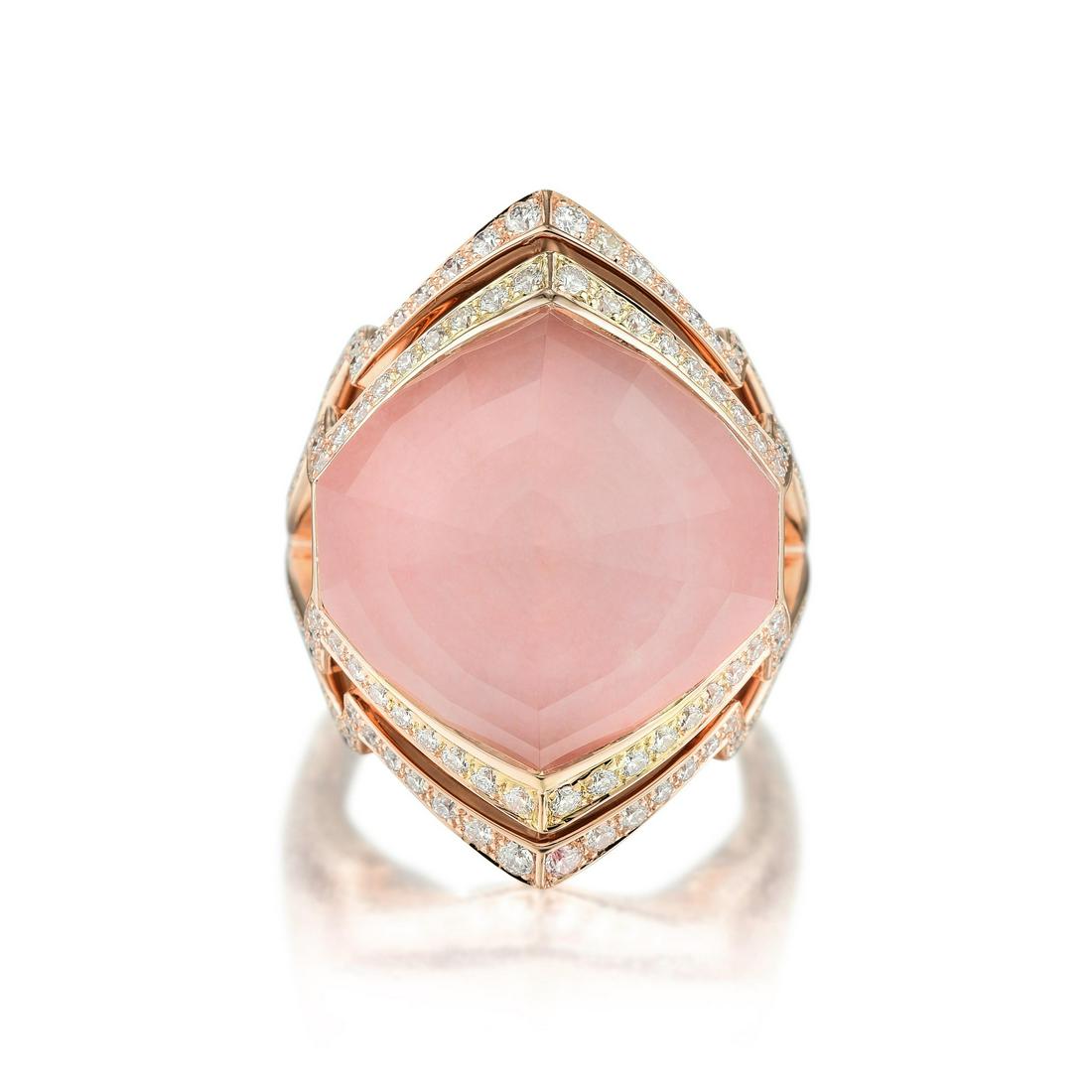 Stephen Webster Lady Stardust Pink Opal and Quartz Ring: METAL: 18K rose gold GEMSTONE(S): round brilliant-cut diamonds approx. 0.85 carats total, most H-I/VS MEASUREMENTS: 1-1/8 inches at widest section RING SIZE: 7 WEIGHT: 17.30 g. Retail: $11,000 Accompa