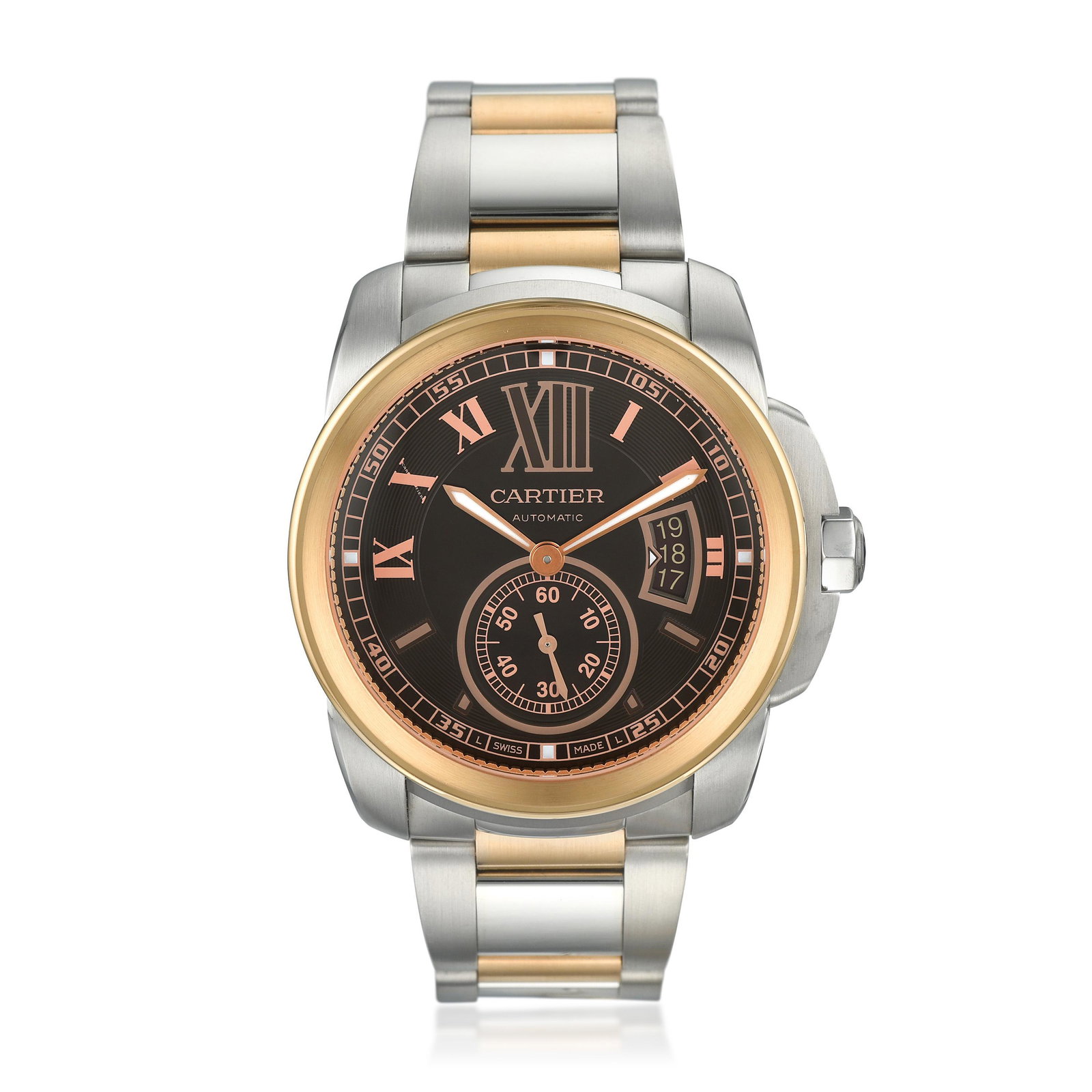 Cartier Calibre de Cartier Ref. W7100050 in 18K Rose: CIRCA: 2010s REF.: W7100050 CASE MATERIAL: 18K Rose Gold and Stainless Steel CASE DIMENSIONS: 42.00 mm in diameter DIAL: Brown BRACELET MATERIAL: 18K Rose Gold and Stainless Steel BRACELET SIZE: 7-3/4