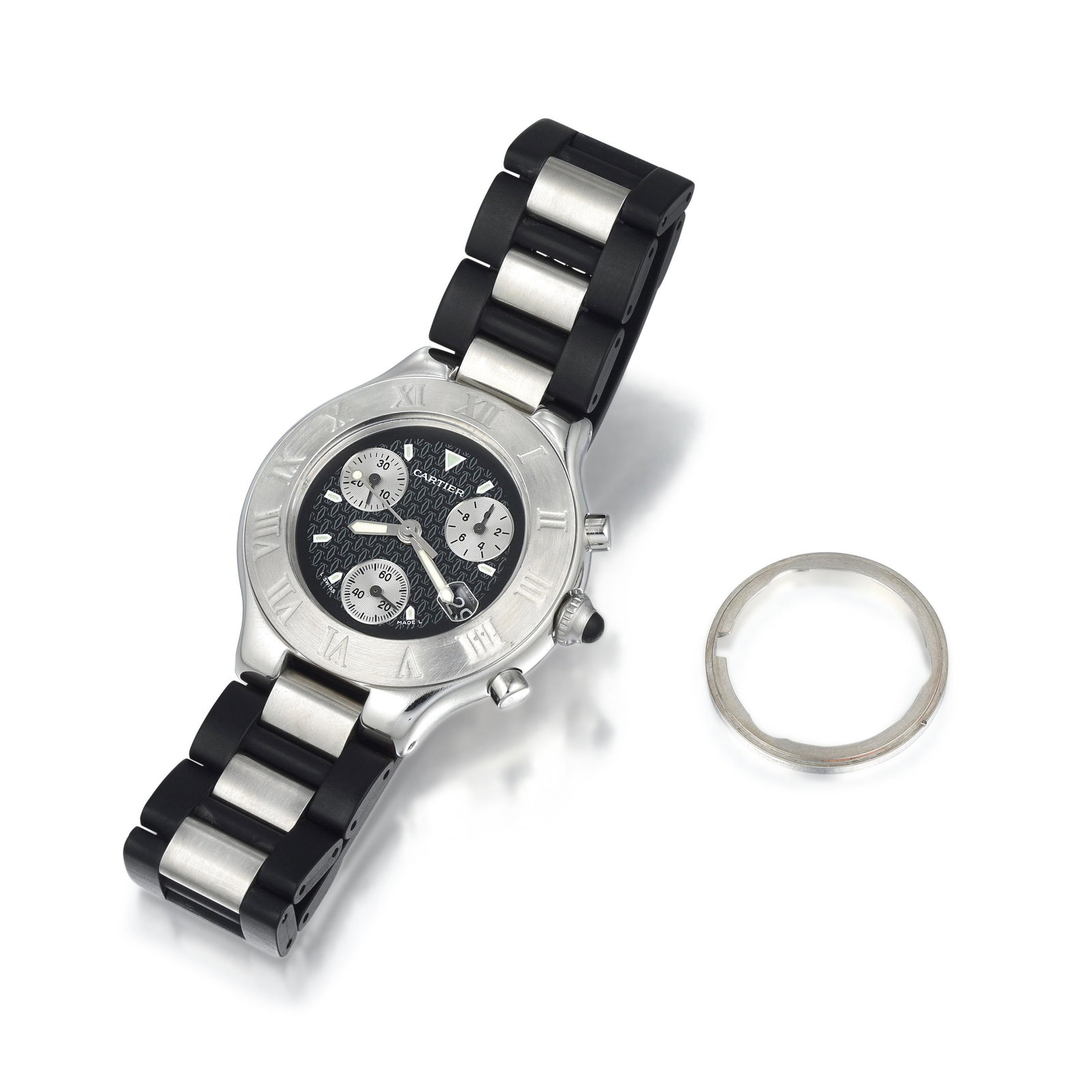 Cartier Chronoscaph Ref. 2424 in Stainless Steel: CIRCA: 2000s REF.: 2424 CASE MATERIAL: Stainless Steel CASE DIMENSIONS: 38.00 mm in diameter DIAL: Black BRACELET MATERIAL: Rubber and Stainless Steel BRACELET SIZE: 7 inches (max.) MOVEMENT: Quartz