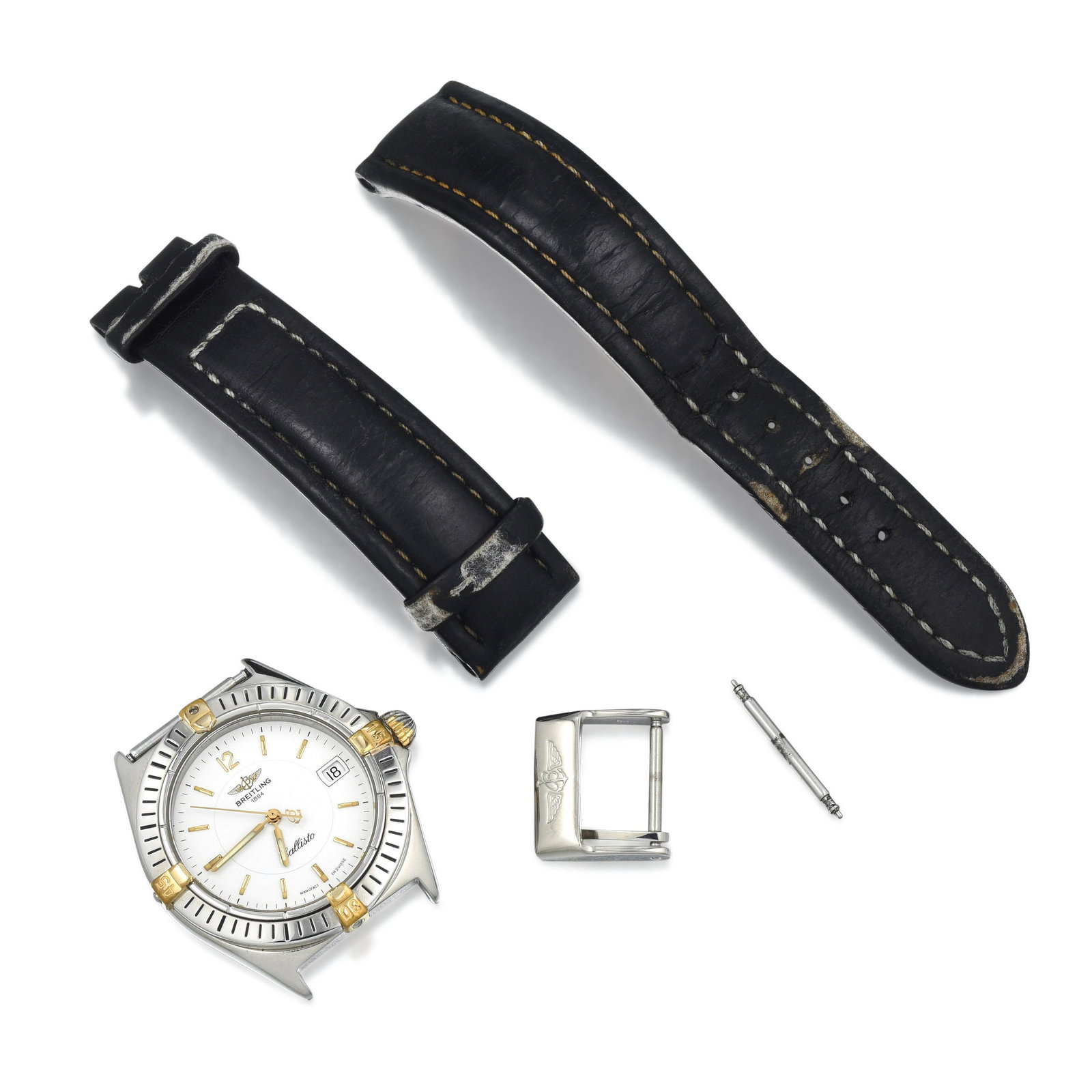 Breitling Callisto Ref. B57045 in Stainless Steel and: CIRCA: 1990s REF.: B57045 CASE MATERIAL: Stainless Steel and 18K Yellow Gold CASE DIMENSIONS: 34.50 mm in diameter DIAL: White BRACELET MATERIAL: Leather BRACELET SIZE: Adjustable strap MOVEMENT: Quar