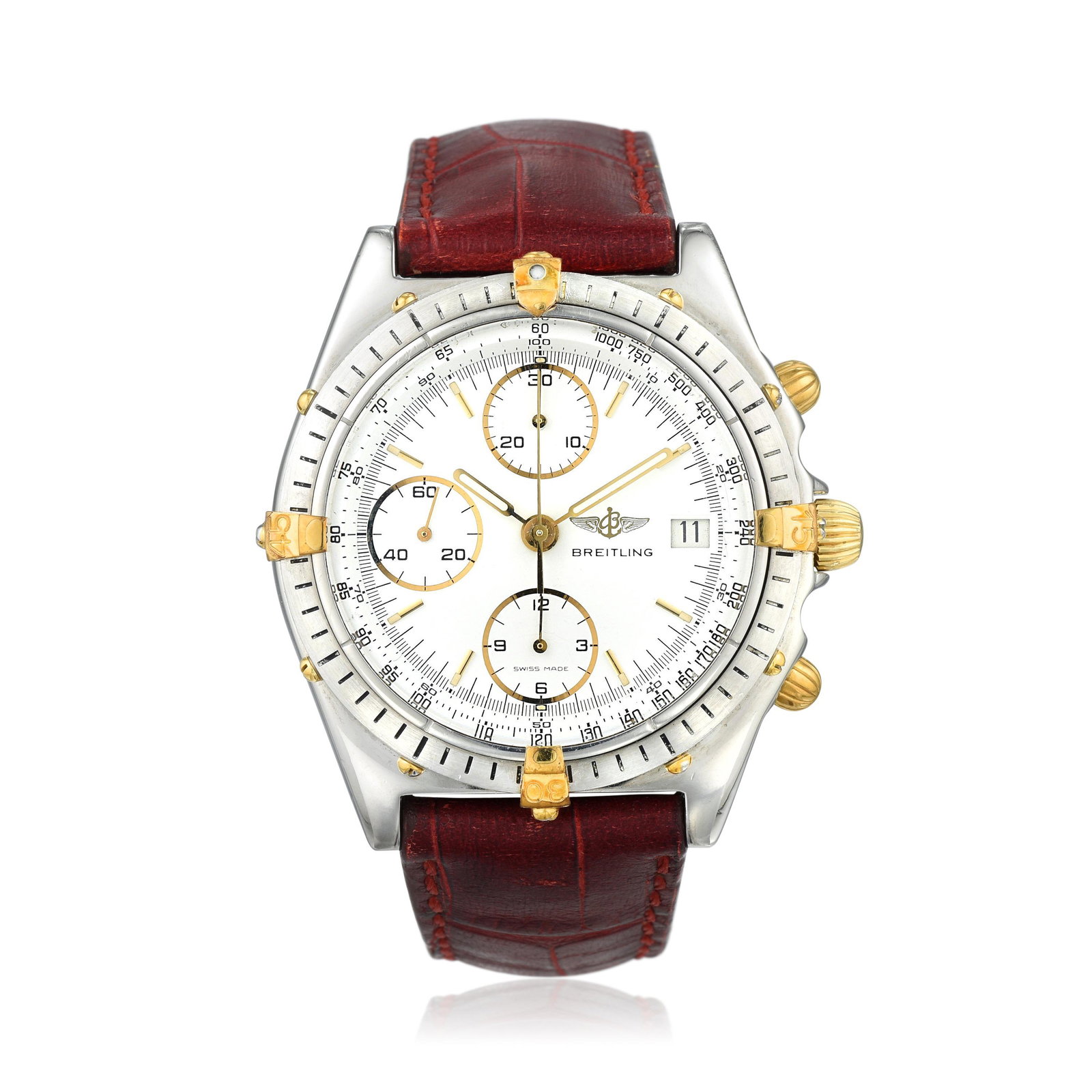 Breitling Chronomat Ref. 81.95 in Stainless Steel and: CIRCA: 1990s REF.: 81.95 CASE MATERIAL: Stainless Steel and 18K Yellow Gold CASE DIMENSIONS: 40.00 mm in diameter DIAL: White BRACELET MATERIAL: Leather (aftermarket) BRACELET SIZE: Adjustable strap M