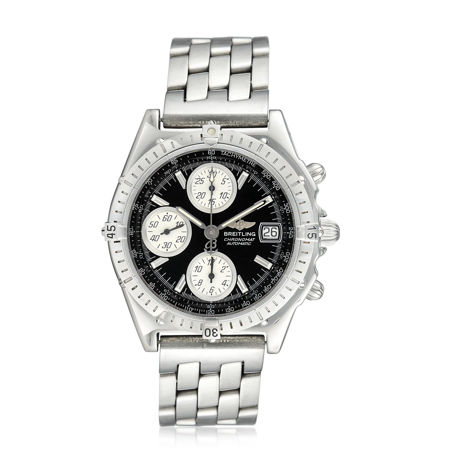 Breitling Chronomat Ref. A13050.1 in Stainless Steel: CIRCA: 1997-2000 REF.: A13050.1 CASE MATERIAL: Stainless Steel CASE DIMENSIONS: 40.50 mm in diameter DIAL: Black BRACELET MATERIAL: Stainless Steel BRACELET SIZE: 7-1/4 inches (max.) MOVEMENT: Automat