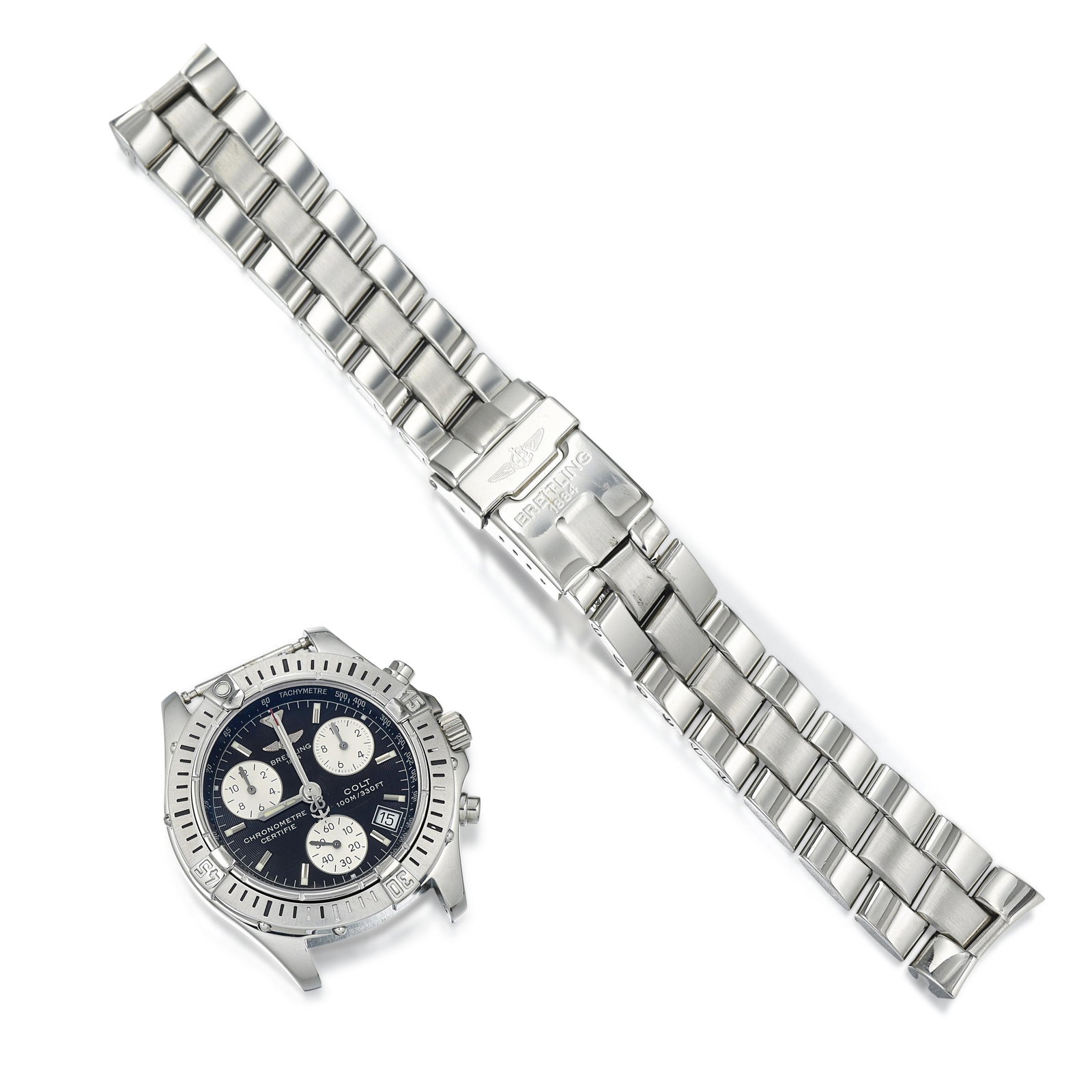 Breitling Colt Ref. A73350 in Stainless Steel: CIRCA: 2002-2005 REF.: A73350 CASE MATERIAL: Stainless Steel CASE DIMENSIONS: 38.00 mm in diameter DIAL: Black BRACELET MATERIAL: Stainless Steel BRACELET SIZE: 7 inches (max.) MOVEMENT: Quartz Accomp
