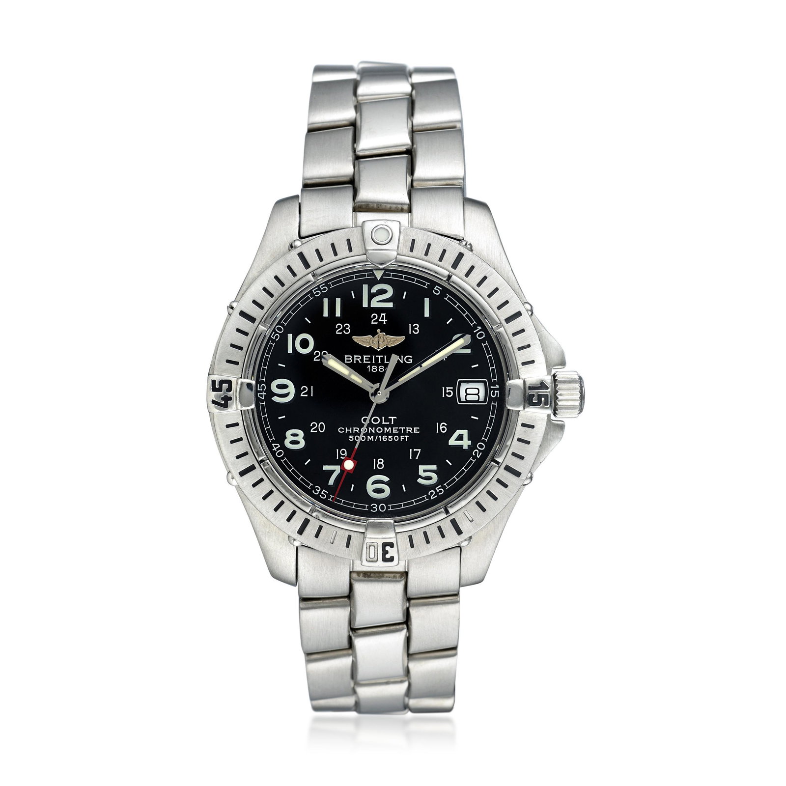 Breitling Colt Ref. A74350 in Stainless Steel: CIRCA: 2000s REF.: A74350 CASE MATERIAL: Stainless Steel CASE DIMENSIONS: 38.00 mm in diameter DIAL: Black BRACELET MATERIAL: Stainless Steel BRACELET SIZE: 6-1/4 inches (max.) MOVEMENT: Quartz