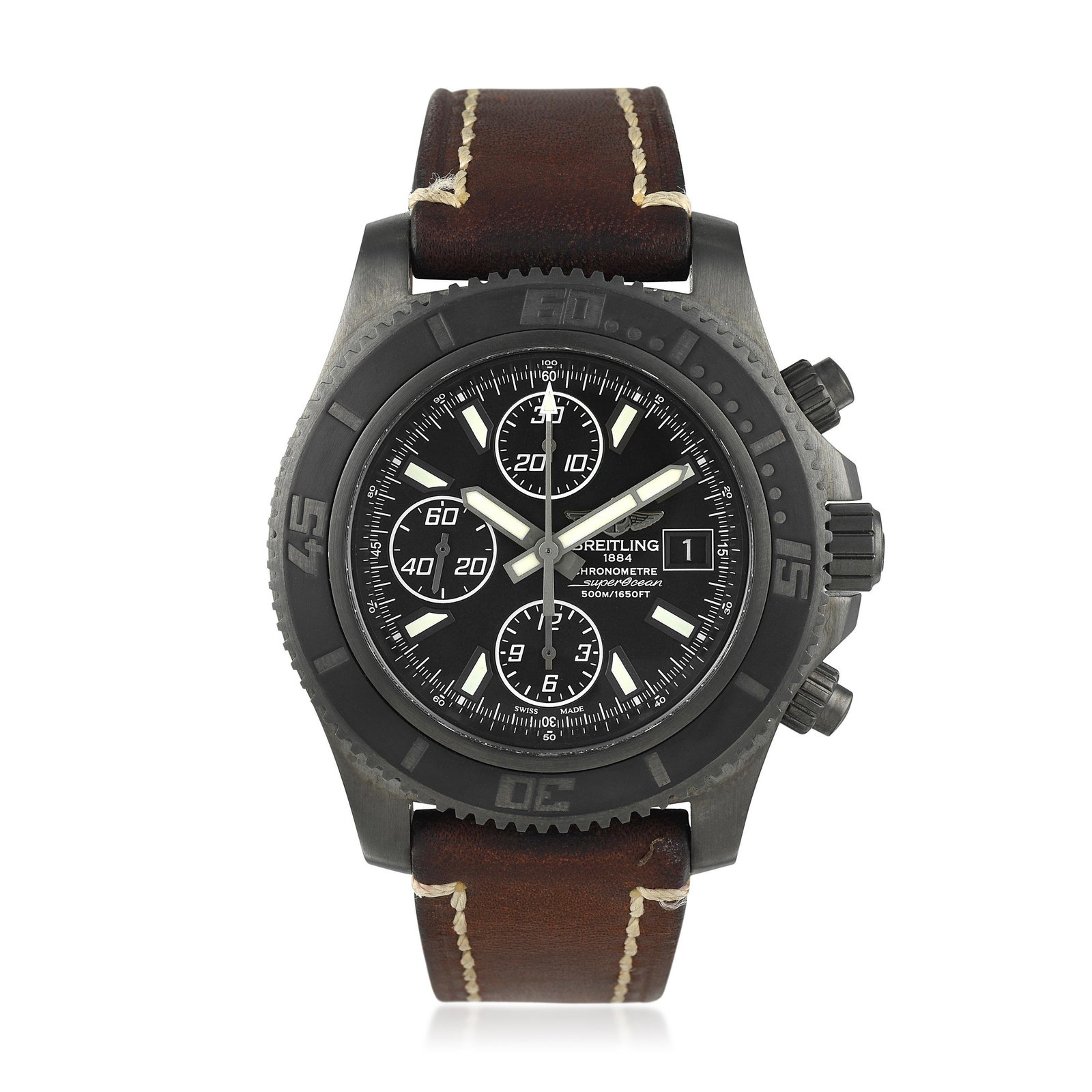 Breitling SuperOcean Ref. M13341 in Blacksteel: CIRCA: 2015 REF.: M13341 CASE MATERIAL: Blacksteel CASE DIMENSIONS: 44.00 mm in diameter DIAL: Black BRACELET MATERIAL: Leather (aftermarket) BRACELET SIZE: Adjustable strap MOVEMENT: Automatic Accomp
