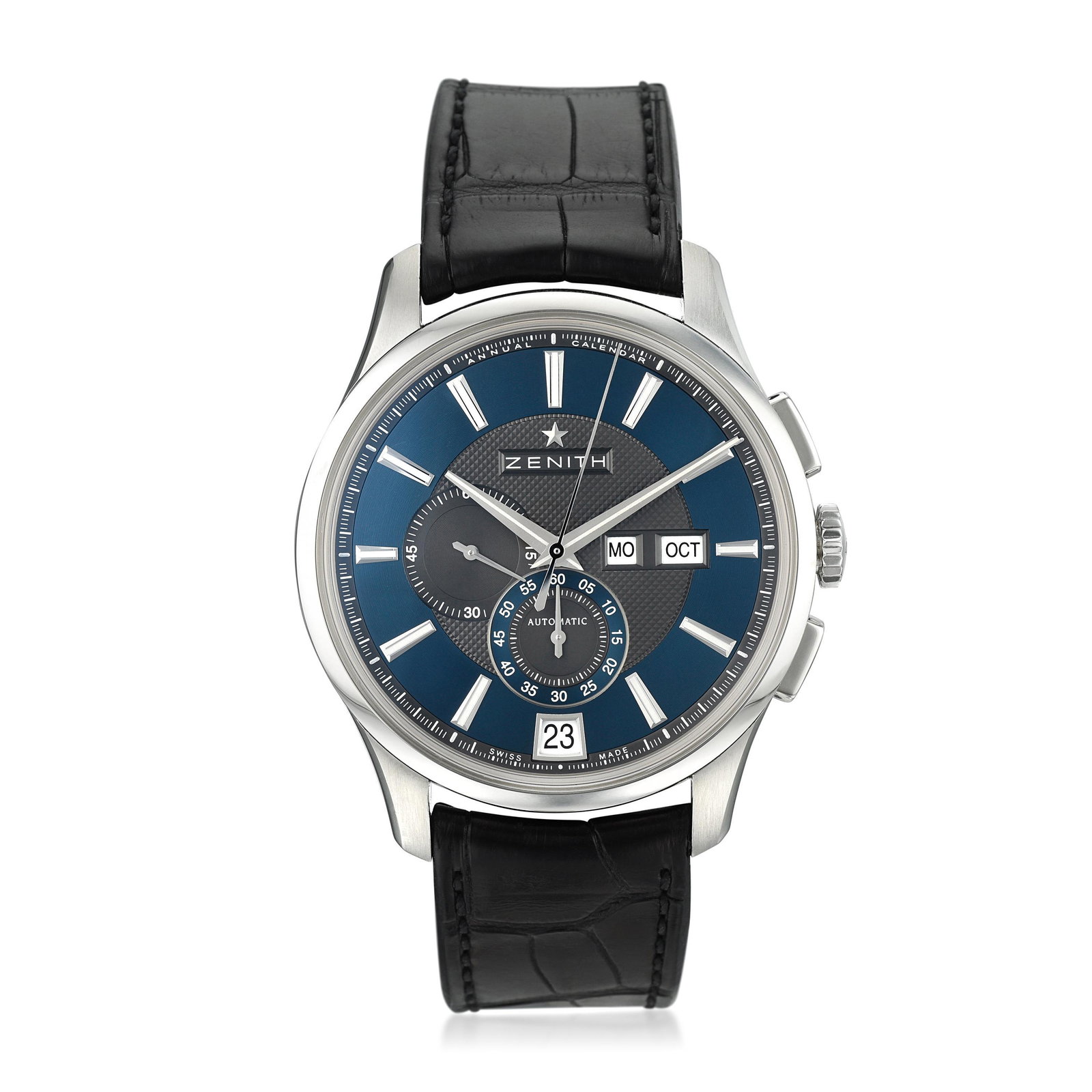 Zenith El Primero Winsor Annual Calendar Black Eye Ref.: CIRCA: 2010s REF.: 03.2070.4054/22.C708 CASE MATERIAL: Stainless Steel CASE DIMENSIONS: 42.00 mm in diameter DIAL: Blue BRACELET MATERIAL: Leather BRACELET SIZE: Adjustable strap MOVEMENT: Automatic A