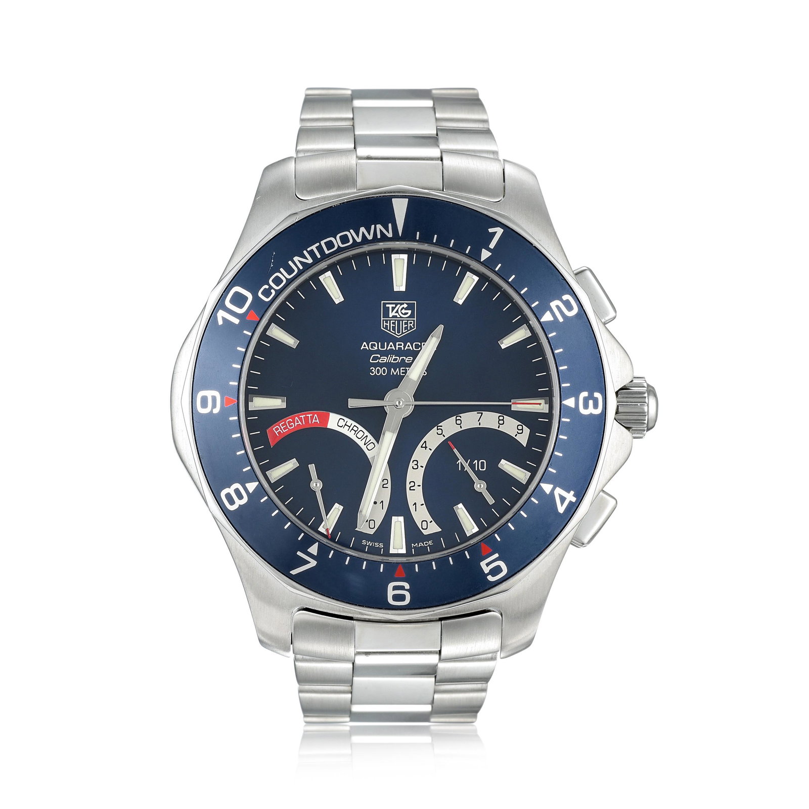TAG Heuer Aquaracer Ref. CAF7110 in Stainless Steel: CIRCA: 2010s REF.: CAF7110 CASE MATERIAL: Stainless Steel CASE DIMENSIONS: 41.00 mm in diameter DIAL: Blue BRACELET MATERIAL: Stainless Steel BRACELET SIZE: 7 inches (max.) MOVEMENT: Quartz