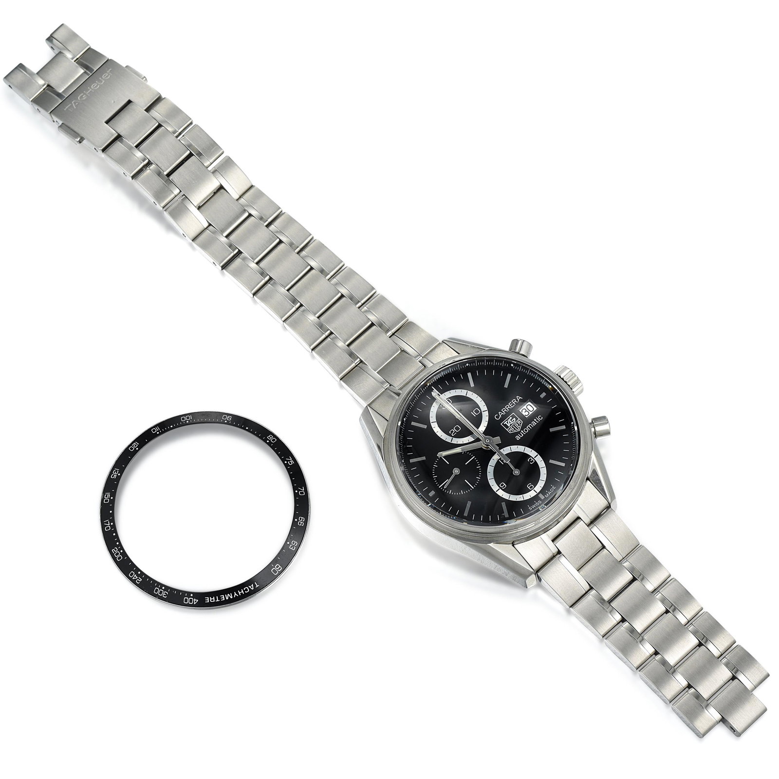 TAG Heuer Carrera Ref. CV2010 in Stainless Steel: CIRCA: 2000s REF.: CV2010 CASE MATERIAL: Stainless Steel CASE DIMENSIONS: 41.00 mm in diameter DIAL: Black BRACELET MATERIAL: Stainless Steel BRACELET SIZE: 7-1/2 inches (max.) MOVEMENT: Automatic Acc