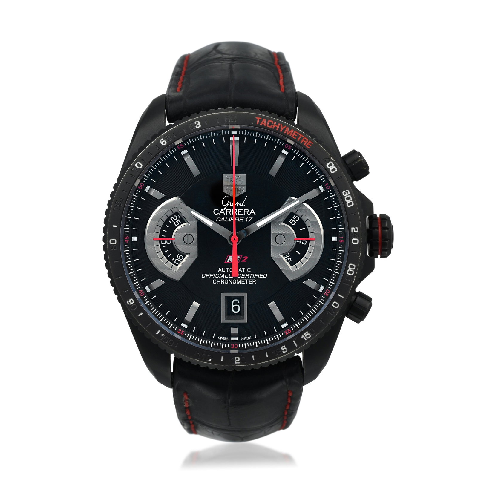 TAG Heuer Grand Carrera Calibre 17 RS2 Chronograph Ref.: CIRCA: 2000s REF.: CAV518B CASE MATERIAL: Black Titanium CASE DIMENSIONS: 43.00 mm in diameter DIAL: Black BRACELET MATERIAL: Leather BRACELET SIZE: Adjustable strap MOVEMENT: Automatic