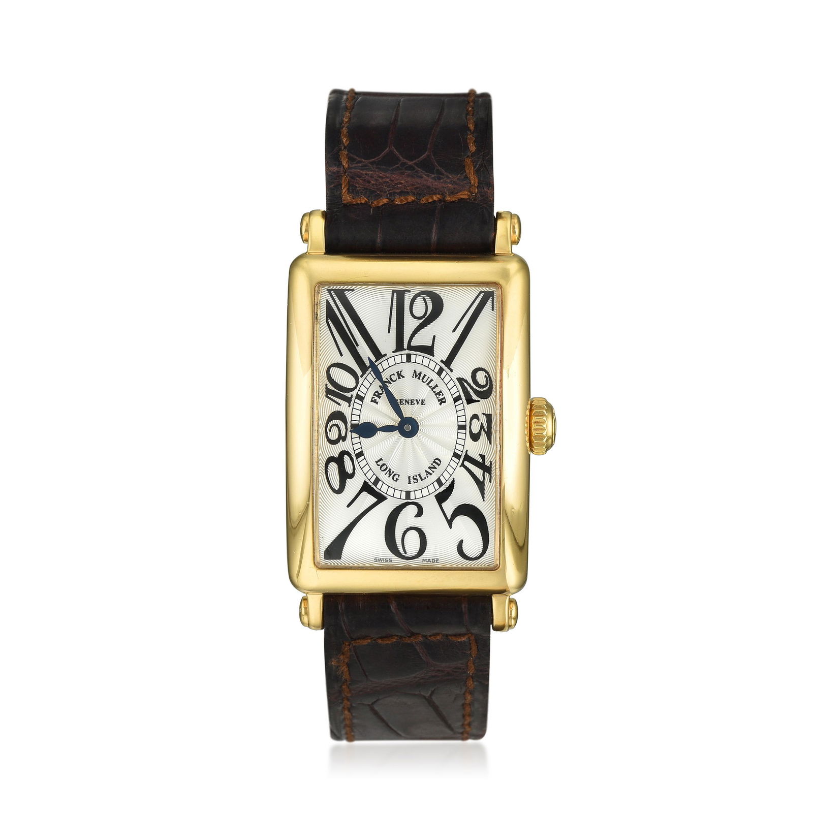 Franck Muller Ladies Long Island Ref. 902 QZ in 18K: CIRCA: 2005 REF.: 902 QZ CASE MATERIAL: 18K Yellow Gold CASE DIMENSIONS: 22.00 mm in diameter DIAL: Silver BRACELET MATERIAL: Leather BRACELET SIZE: Adjustable strap MOVEMENT: Quartz Accompanied by Fr