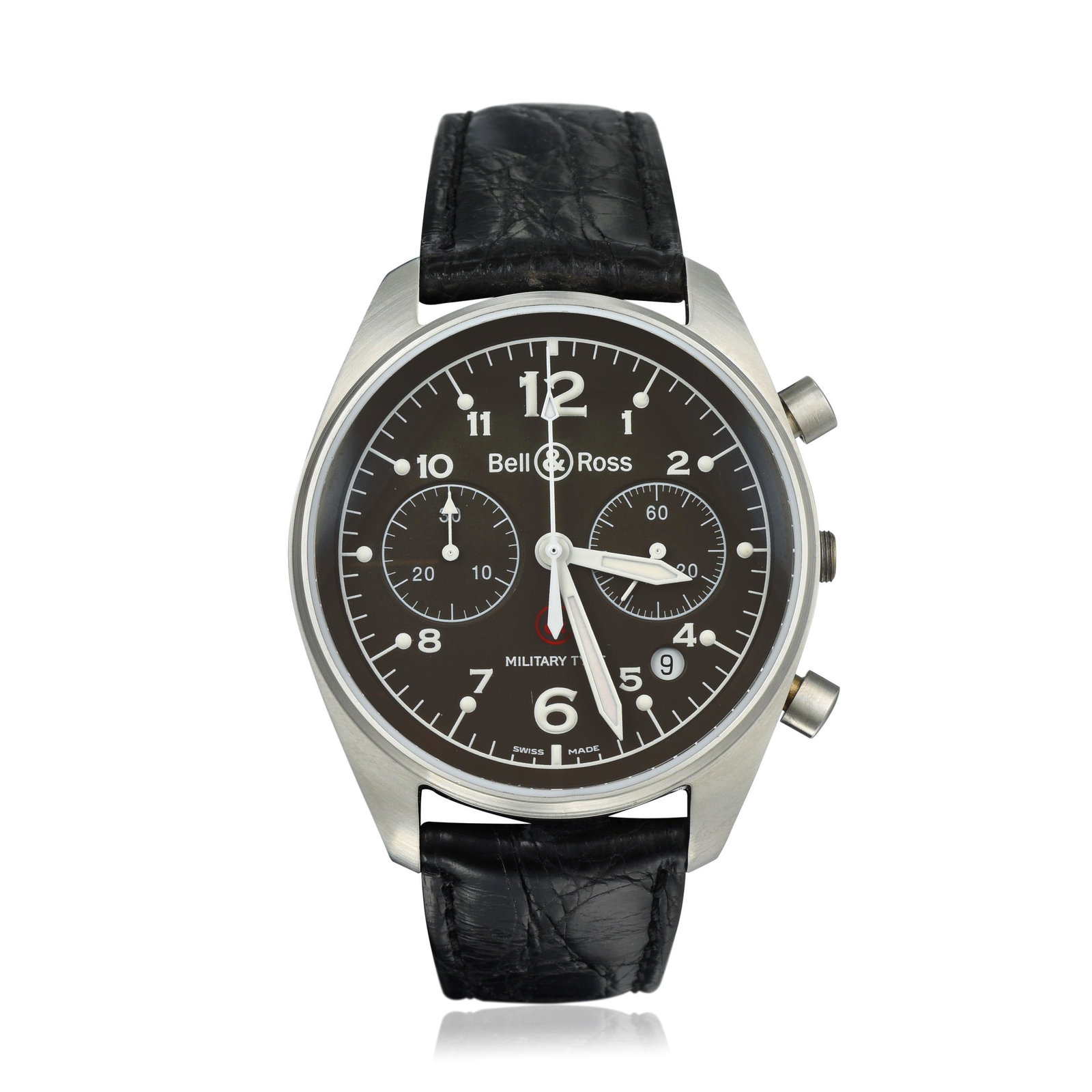 Bell & Ross Military Chronograph Ref. Vintage 126 in: CIRCA: 2000s REF.: Vintage 126 CASE MATERIAL: Stainless Steel CASE DIMENSIONS: 42.00 mm in diameter DIAL: Green BRACELET MATERIAL: Leather (aftermarket) BRACELET SIZE: Adjustable strap MOVEMENT: Autom