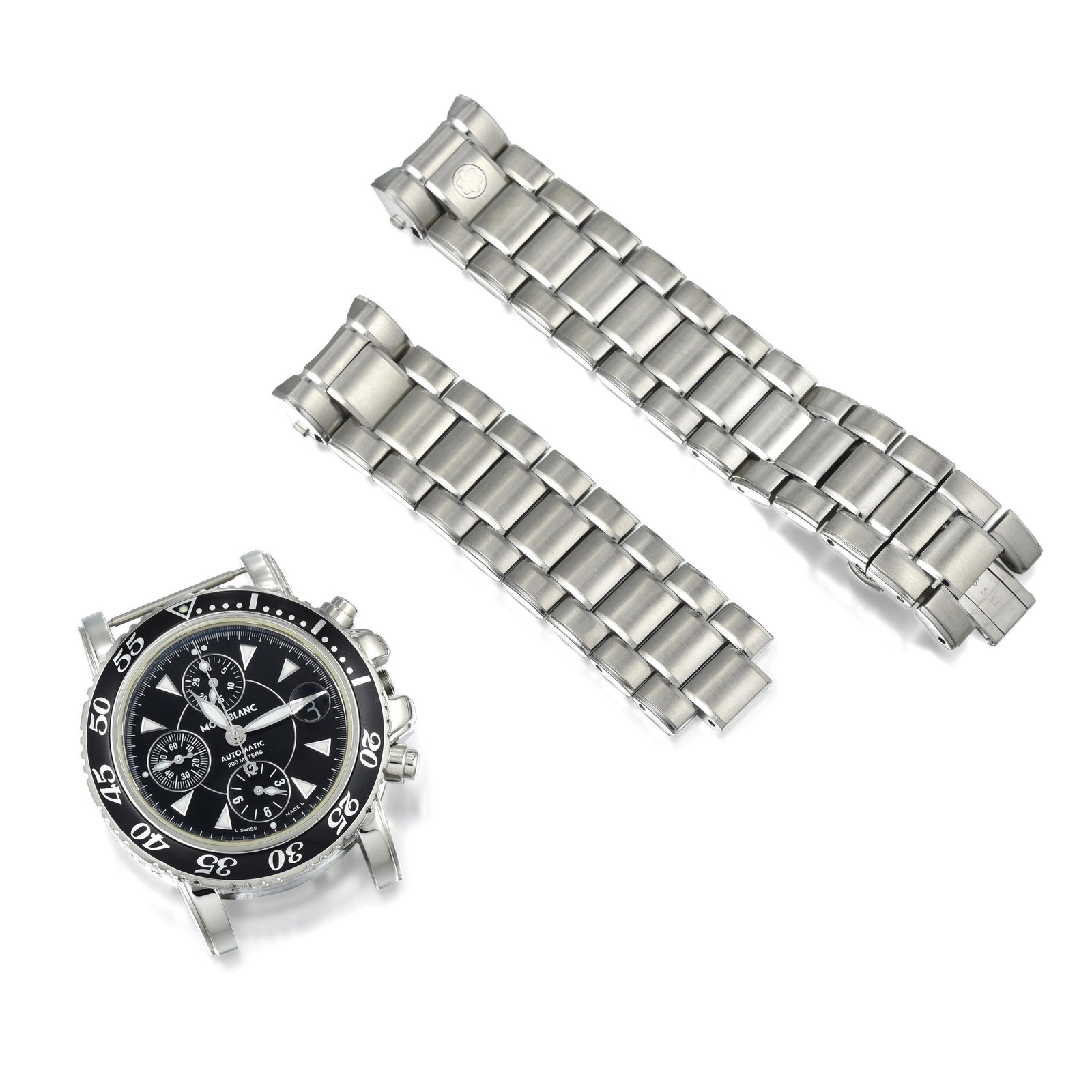 Montblanc Meisterstuck Ref. 7034 in Stainless Steel: CIRCA: 2000s REF.: 7034 CASE MATERIAL: Stainless Steel CASE DIMENSIONS: 41.00 mm in diameter DIAL: Black BRACELET MATERIAL: Stainless Steel BRACELET SIZE: 8-1/4 inches (max.) MOVEMENT: Automatic