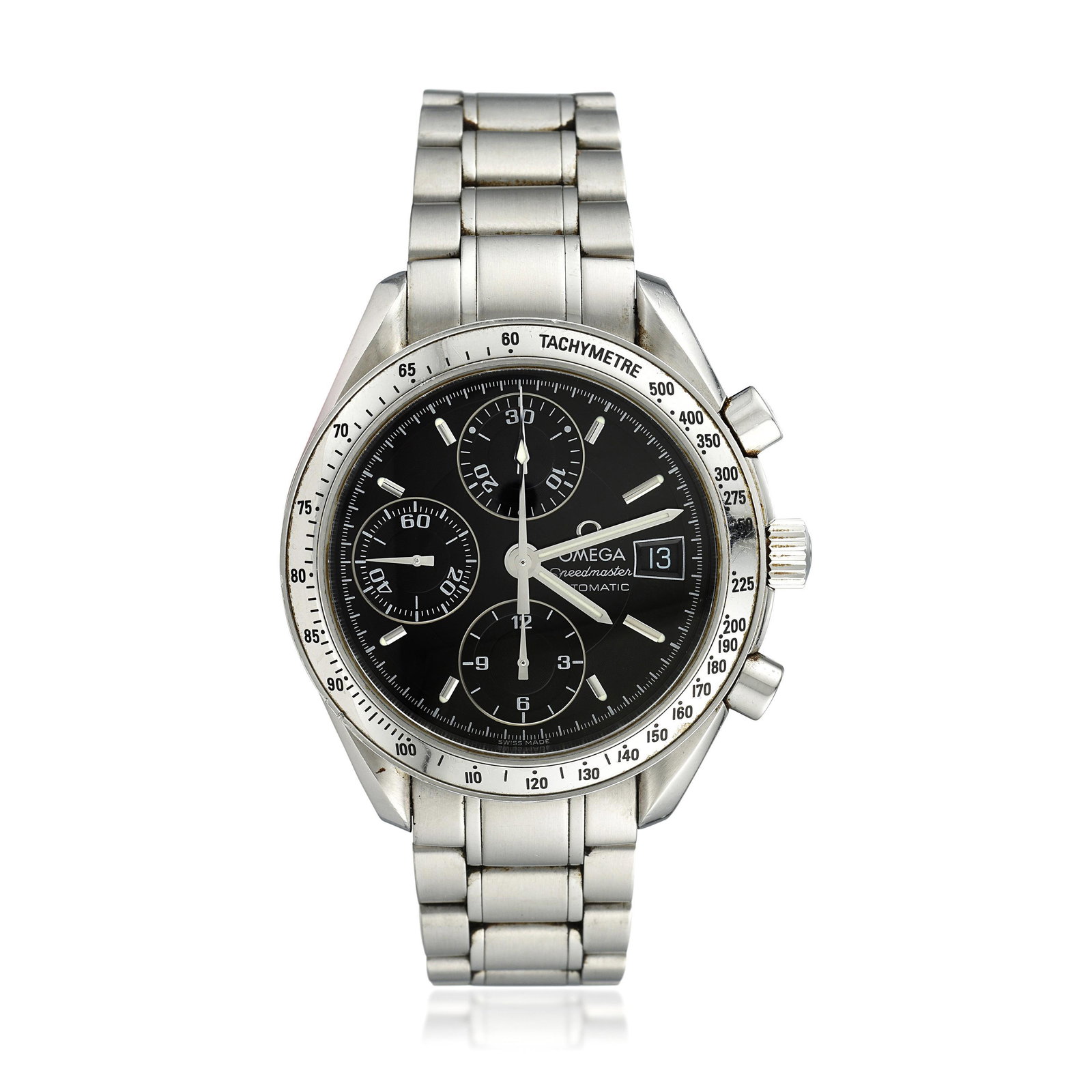 OMEGA Speedmaster Date Ref. 3513.50.00 in Stainless: CIRCA: 2000s REF.: 3513.50.00 CASE MATERIAL: Stainless Steel CASE DIMENSIONS: 39.00 mm in diameter DIAL: Black BRACELET MATERIAL: Stainless Steel BRACELET SIZE: 7-1/4 inches (max.) MOVEMENT: Automatic