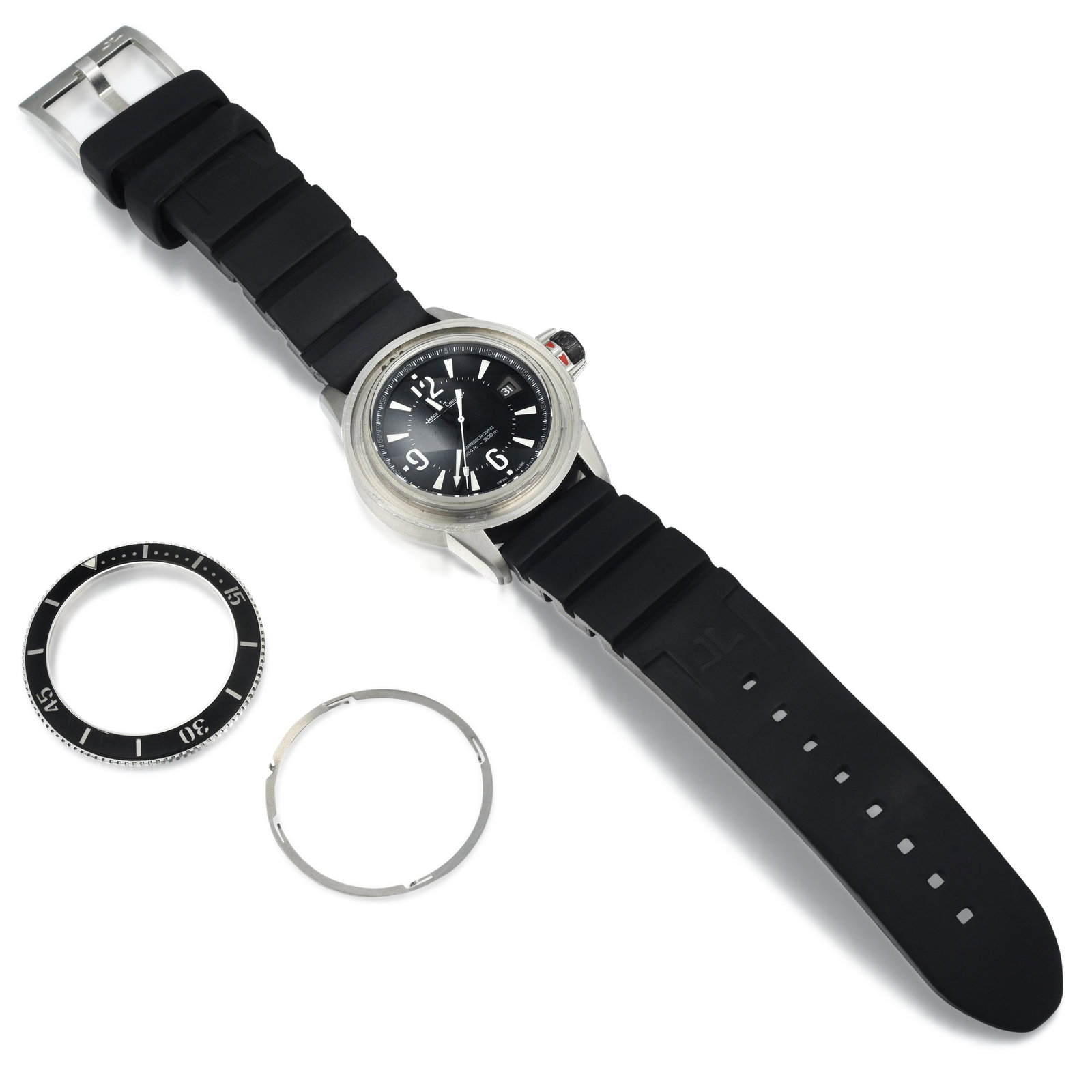 Jaeger-LeCoultre Master Compressor Navy Seals Limited: CIRCA: 2000s REF.: Q2018670 CASE MATERIAL: Stainless Steel and Ceramic CASE DIMENSIONS: 42.00 mm in diameter DIAL: Black BRACELET MATERIAL: Rubber BRACELET SIZE: Adjustable strap MOVEMENT: Automatic