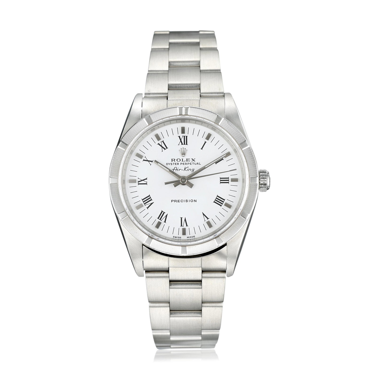 Rolex Air-King Ref. 14000 in Stainless Steel: CIRCA: 2003-2005 REF.: 14000 CASE MATERIAL: Stainless Steel CASE DIMENSIONS: 34.00 mm in diameter DIAL: White BRACELET MATERIAL: Stainless Steel BRACELET SIZE: 7-1/4 inches (max.) MOVEMENT: Automatic 