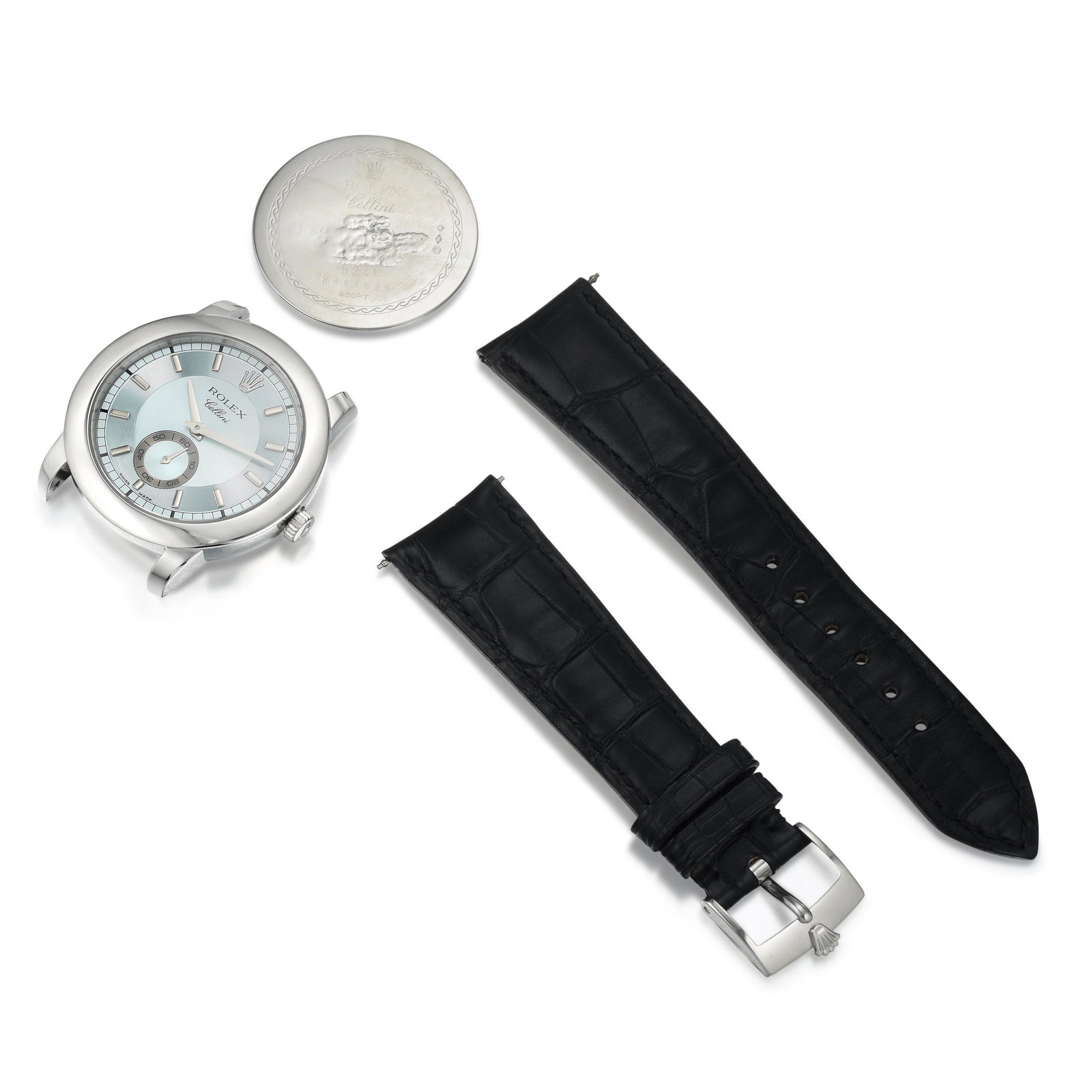 Rolex Cellini Cellinium Ref. 1220429 in Platinum: CIRCA: 2000-2001 REF.: 1220429 CASE MATERIAL: Platinum CASE DIMENSIONS: 38.00 mm in diameter DIAL: Blue BRACELET MATERIAL: Rolex leather strap with platinum Rolex buckle BRACELET SIZE: Adjustable stra
