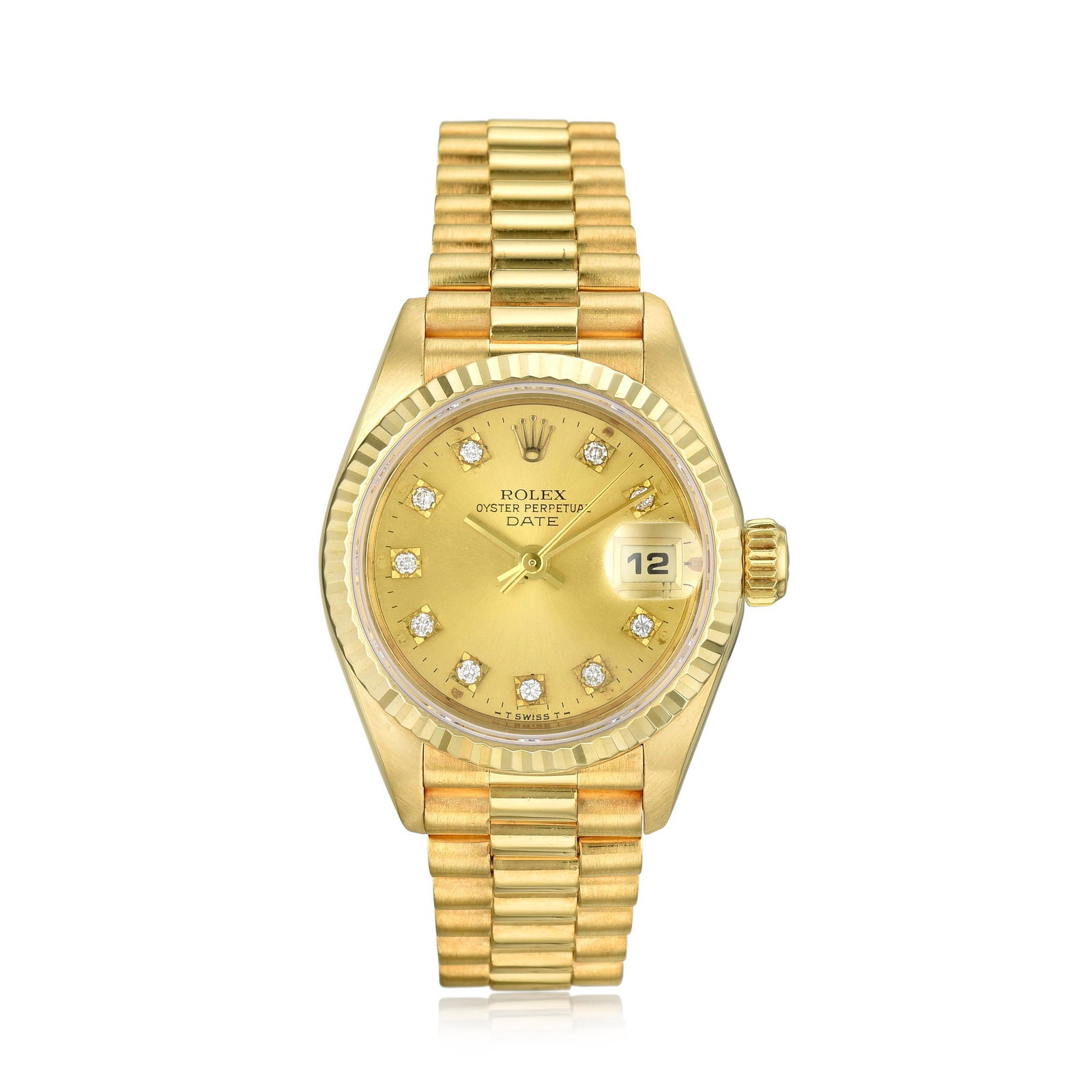Rolex Ladies Date Ref. 69178 in 18K Yellow Gold: CIRCA: 1993-1994 REF.: 69178 CASE MATERIAL: 18K Yellow Gold CASE DIMENSIONS: 26.00 mm in diameter DIAL: Champagne with aftermarket diamond hour markers BRACELET MATERIAL: 18K Yellow Gold BRACELET SIZE