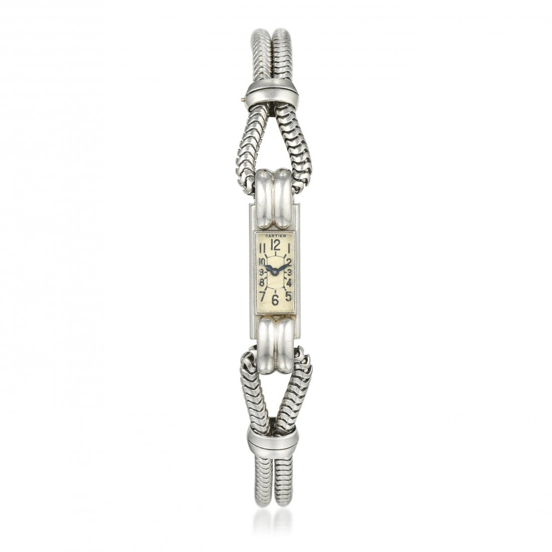 Cartier Art Deco Ladies Watch in Platinum: Crafted in platinum; cream color dial with black Arabic numeral hour markers; inner circumference measures 6 inches, case 1/4 x 1 inch; powered by a manual wind movement; weight 28.35 g. Signed: Carti