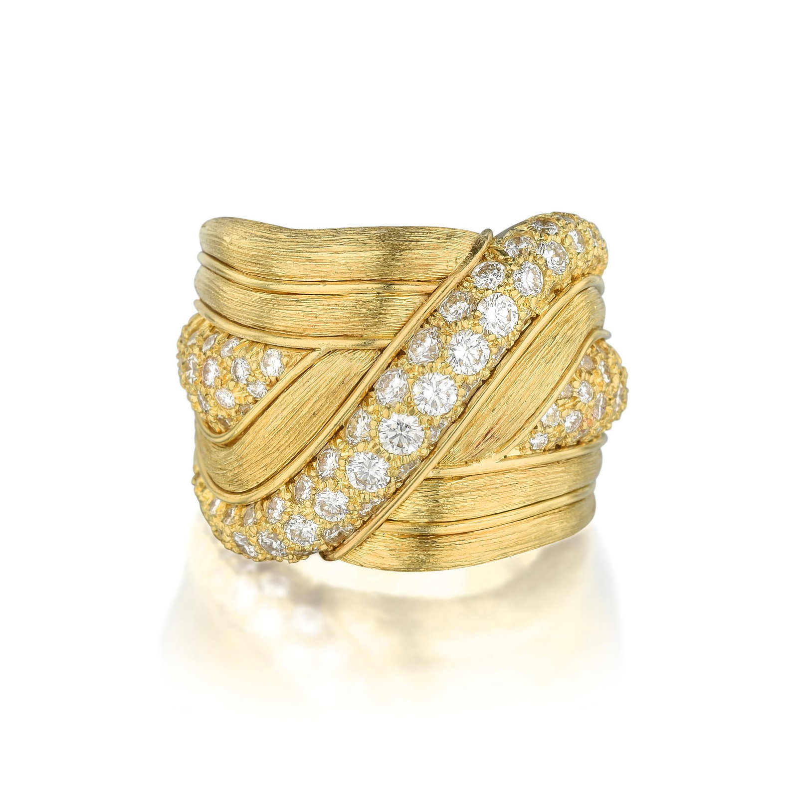 Henry Dunay Diamond Wide Ring: Crafted in 18K gold; set with round brilliant-cut diamonds weighing a total of approximately 2.25 carats, most with F-G color and VVS-VS clarity; measures 3/4 inch at widest section; ring size 7; weig
