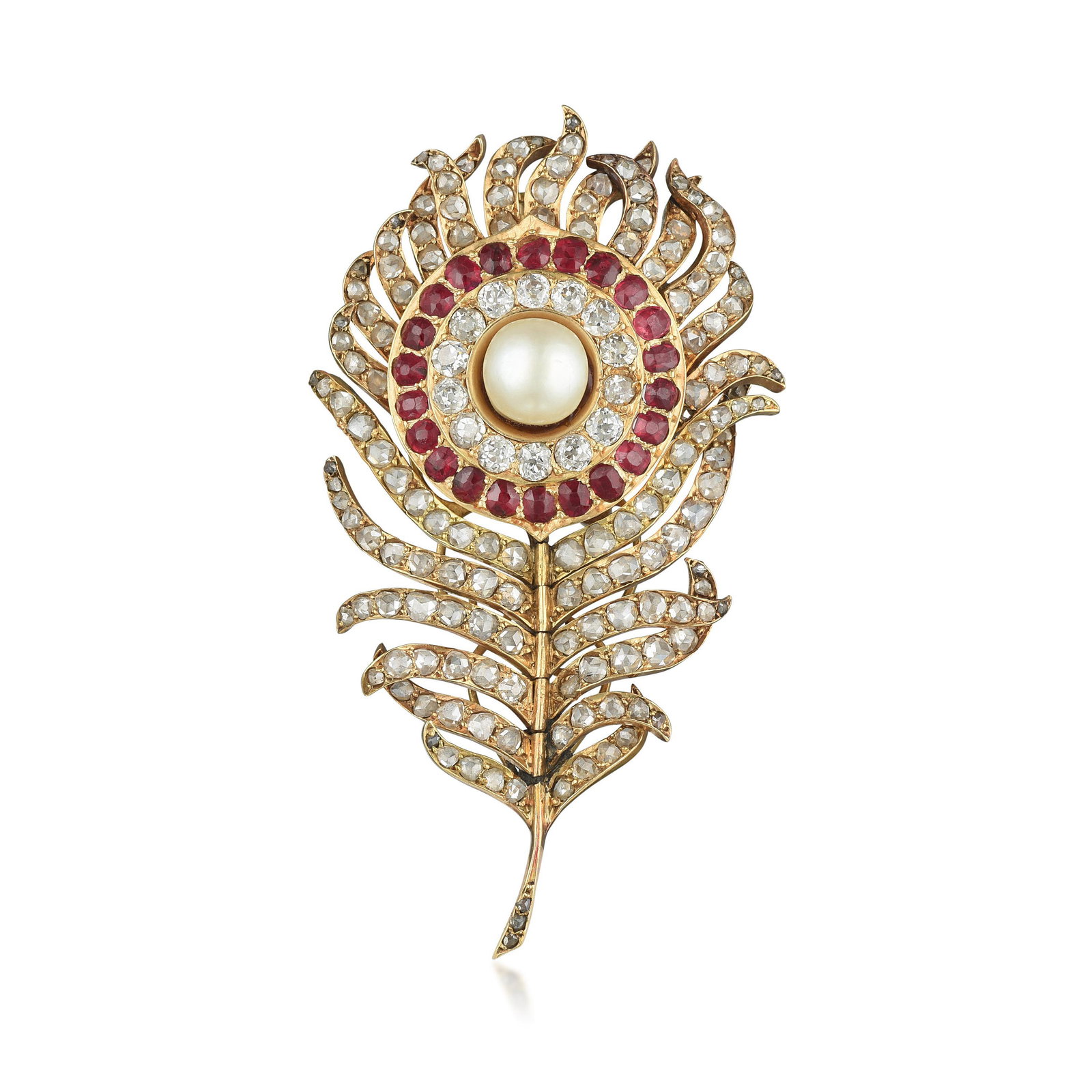 Antique Ruby Diamond and Pearl En Tremblant Feather Pin: Crafted in 18K gold; set with Swiss- and rose-cut diamonds weighing a total of approximately 2.60 carats, most with I-K color and SI-I1 clarity; accented by cushion-cut rubies weighing a total of appr