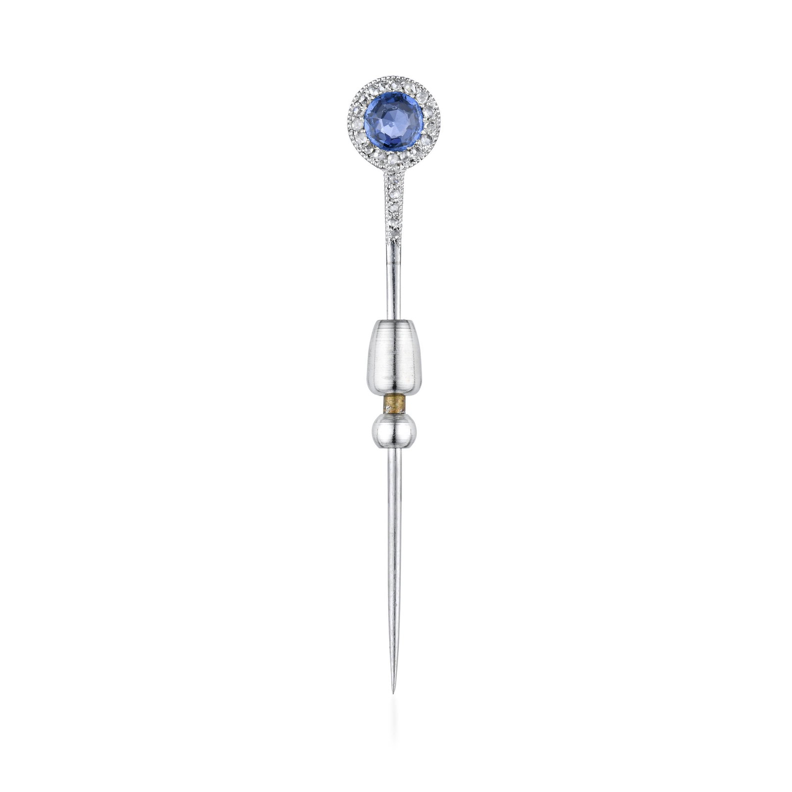 Cartier Sapphire and Diamond Stick Pin: Crafted in platinum; set with a round-cut sapphire weighing approximately 0.65 carat; surrounded by rose-cut diamonds; measures 2 x 5/16 inches; weight 2.00 g. Signed: CARTIER PARIS LONDRES PROPERTY O