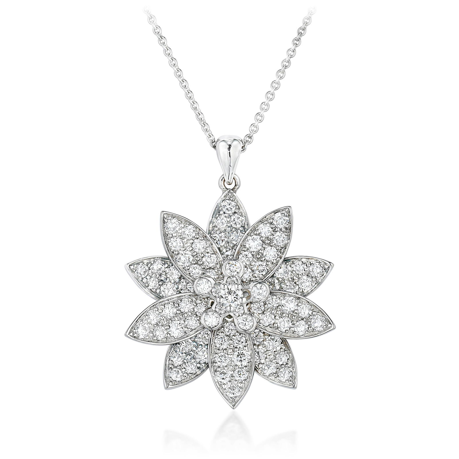 Van Cleef & Arpels Lotus Diamond Pendant Necklace: View a video of this lot here: https://youtu.be/kxgD6QQtNdM Crafted in 18K white gold; set with round brilliant-cut diamonds, weighing a total of approximately 1.60 carats, most with E-F color and VVS