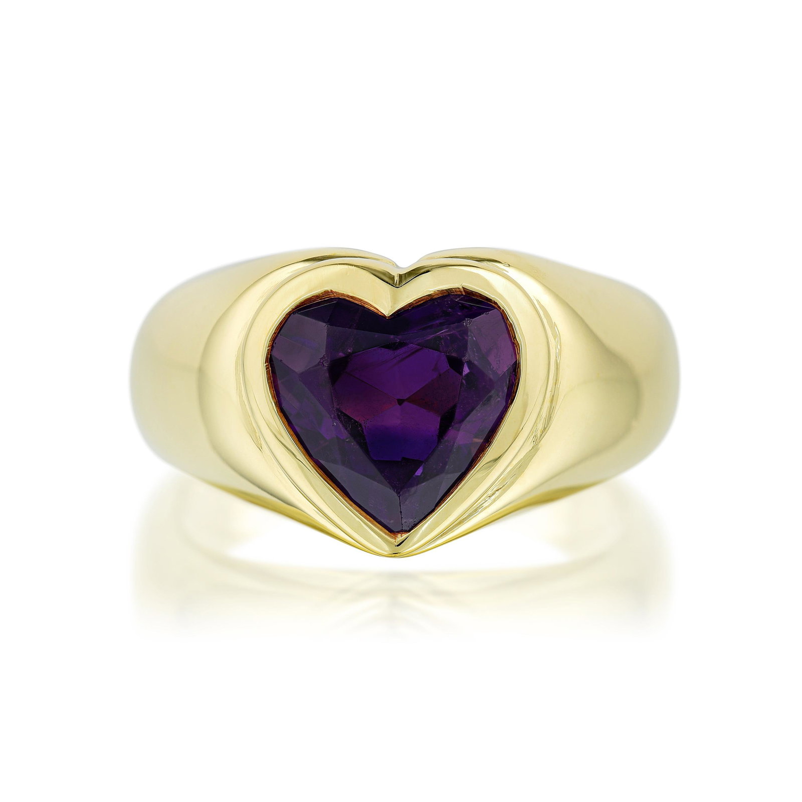 Tiffany & Co. Amethyst Heart Ring: View a video of this lot here: https://youtu.be/w6VMygaCSuI Crafted in 18K gold; set with a fine heart-shaped amethyst, weighing approximately 2.10 carats; measures 3/8 inch at widest section; ring si