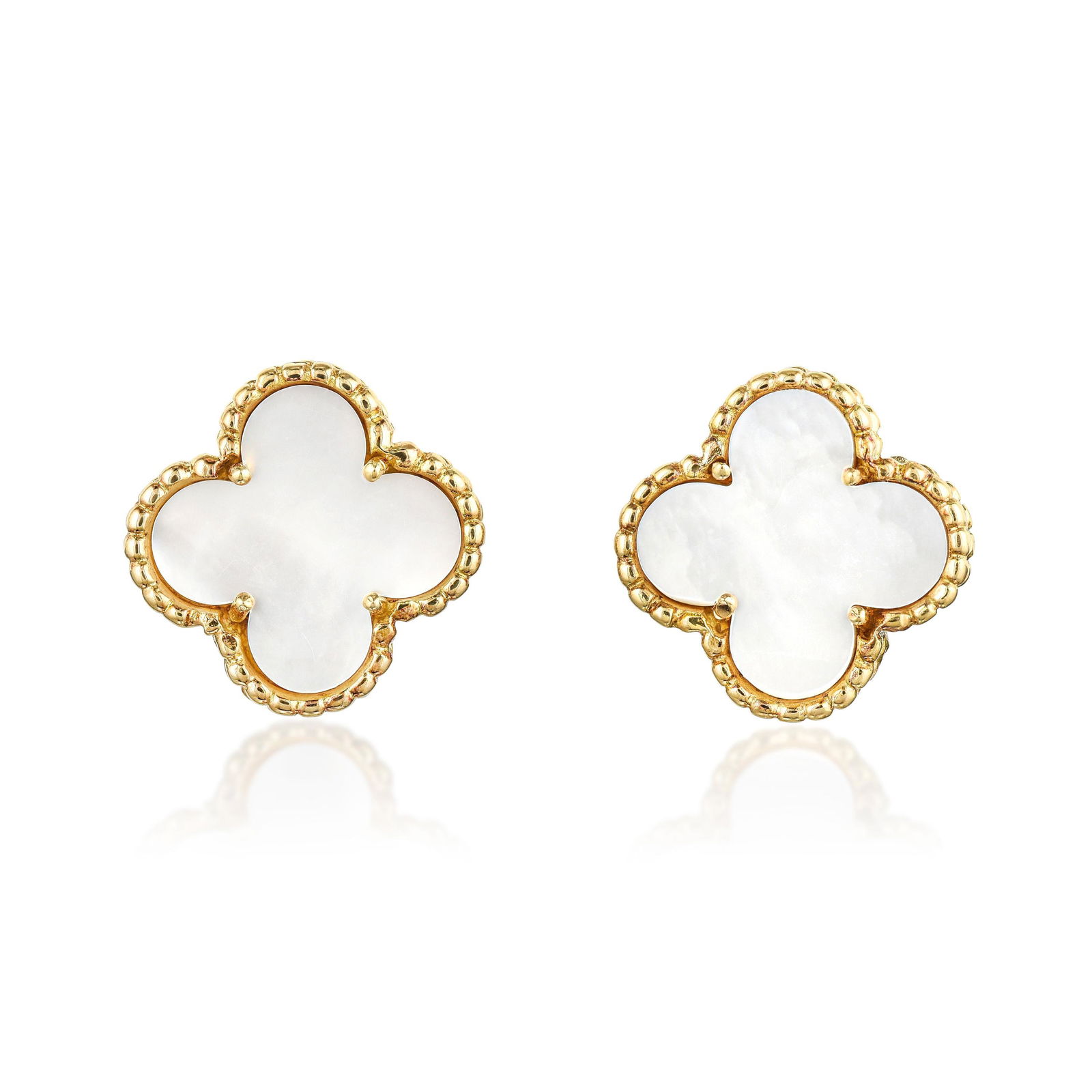 Van Cleef & Arpels Alhambra Mother of Pearl Earrings: View a video of this lot here: https://youtu.be/lZsqwbAWgqUCrafted in 18K gold; set with clover-shaped mother of pearls; measures 5/8 x 5/8 inch; weight 8.70 g.; accompanied by a Van Cleef & Arpels bo