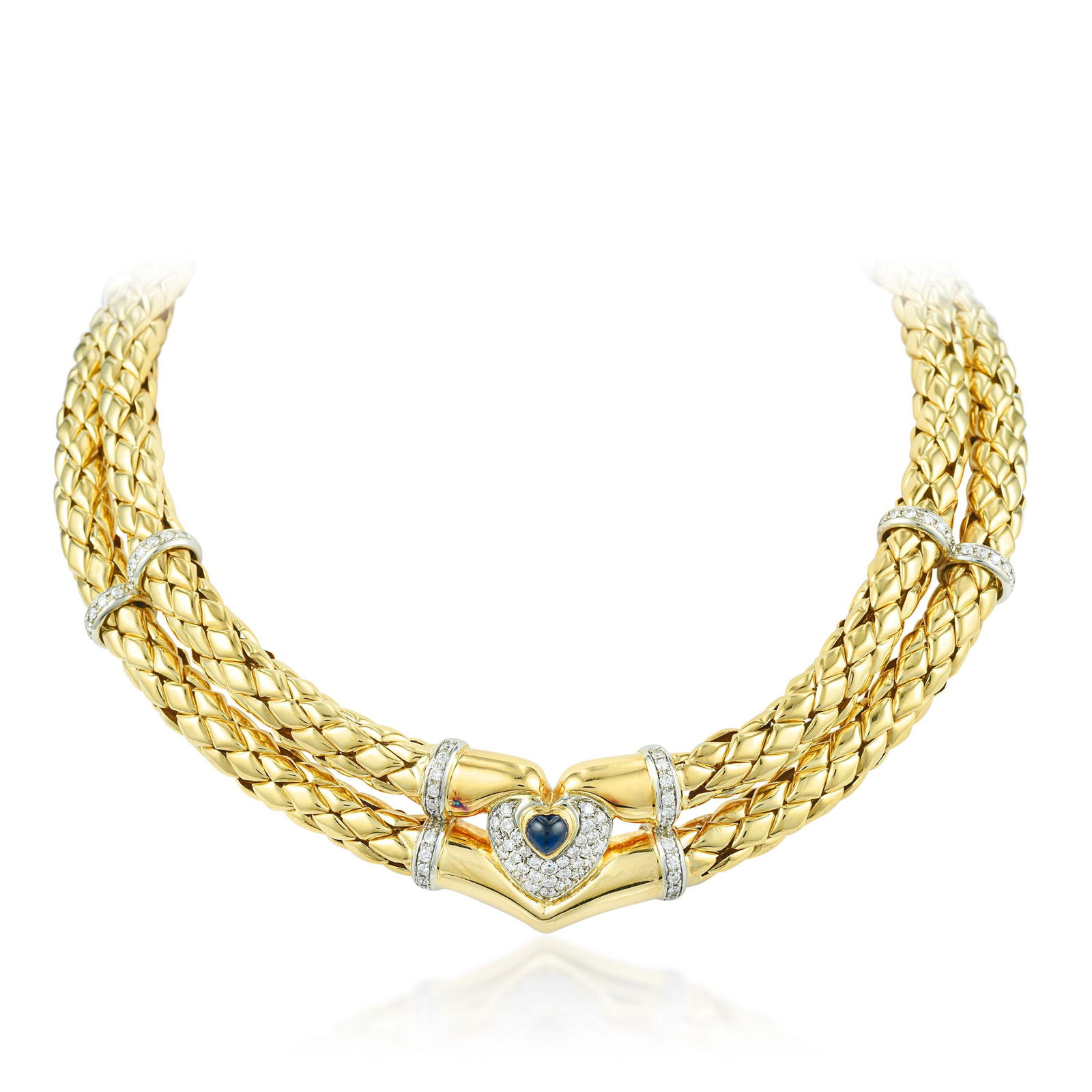 Chimento Diamond and Sapphire Heart Necklace: View a video of this lot here: https://youtu.be/a-fJBaJXRMECrafted in 18K gold; set with round brilliant-cut diamonds, weighing a total of approximately 2.50 carats, most with H-I color and SI-I1 clar