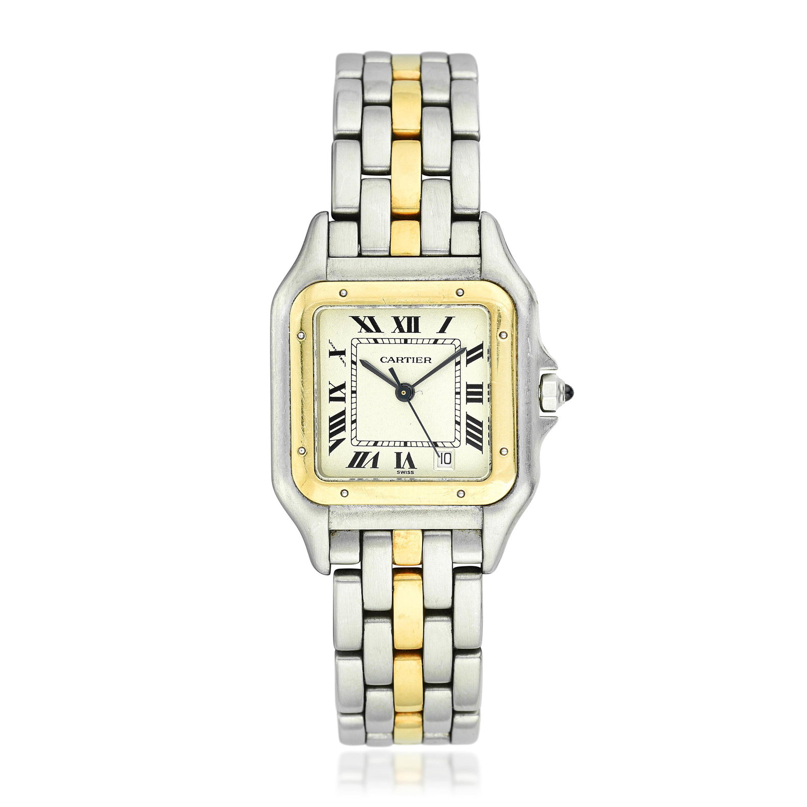 Cartier Panthere in Steel and 18K Gold: View a video of this lot here: https://youtu.be/sd-4wtus3gY CIRCA: 1990s REF.: 1100-2 SERIAL: C25827 CASE MATERIAL: Stainless steel with 18K yellow gold accents CASE DIMENSIONS: 26 mm DIAL: Antique wh