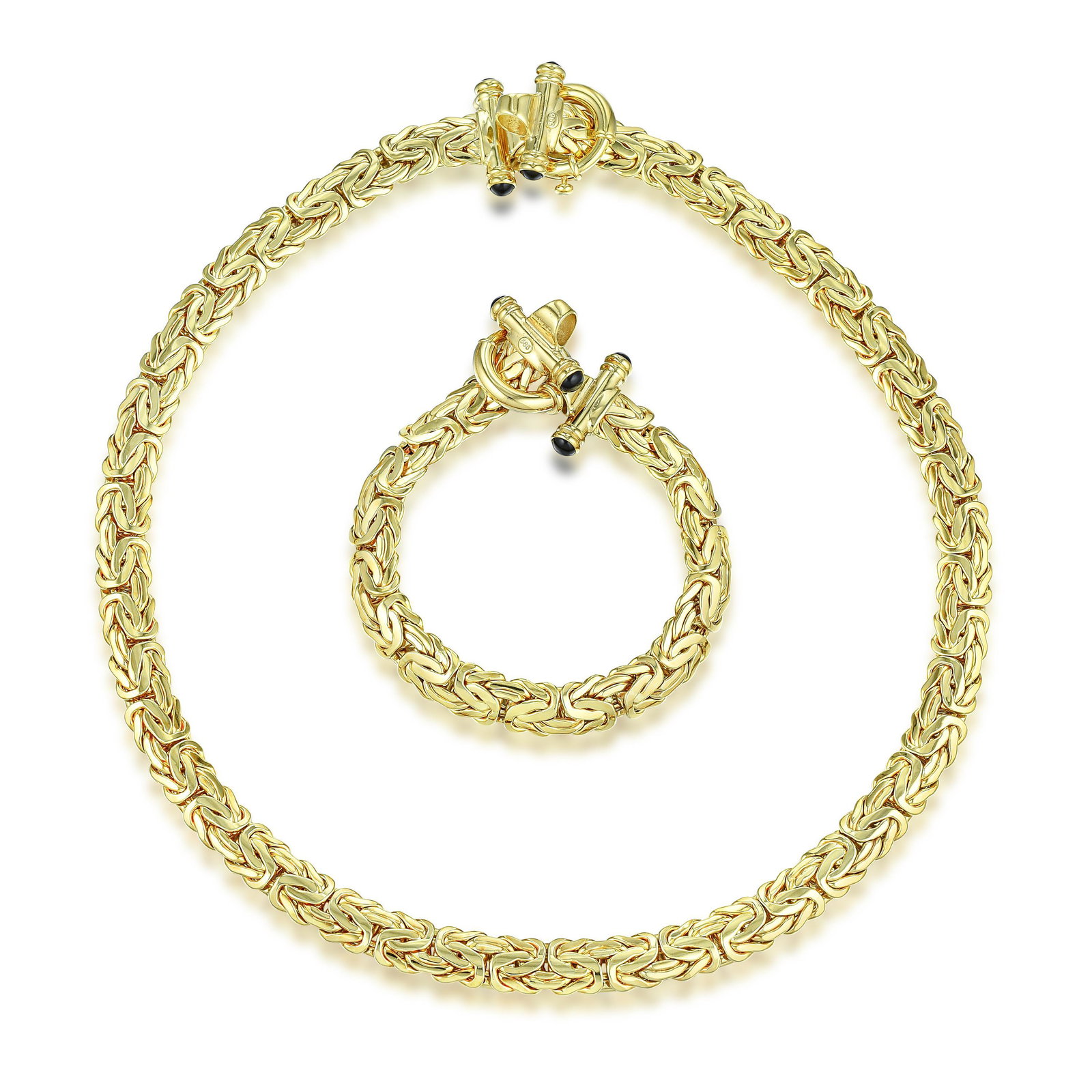 Byzantine Chain Necklace and Bracelet Set: View a video of this lot here: https://youtu.be/jnKIkN0LzpE Crafted in 14K gold; set with black round cabochons; necklace measures 17-1/4 inches, bracelet measures 7-1/4 inches, chain width 5/16 inch;