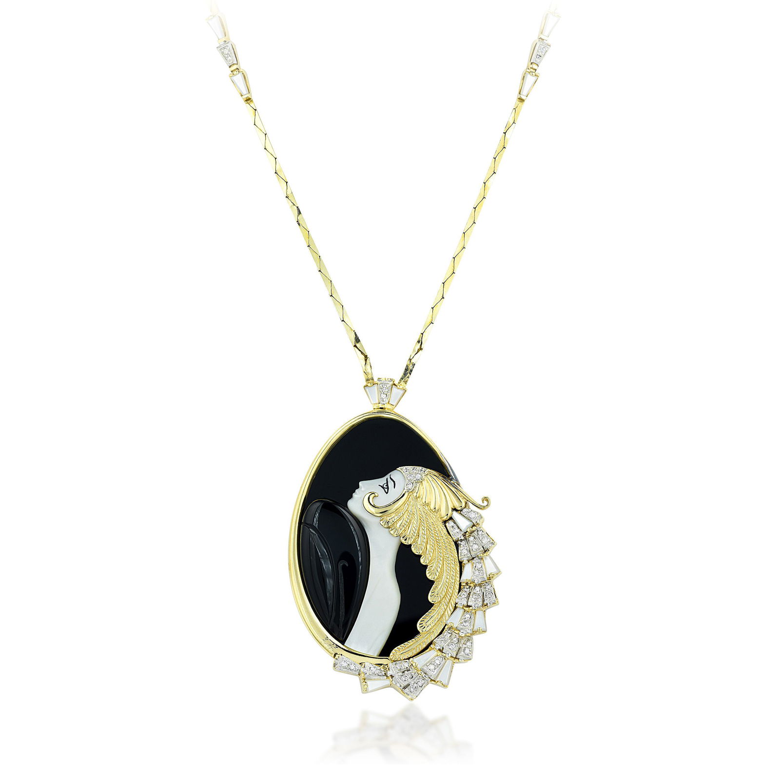 Erte Beauty of The Beast Onyx and Diamond Pendant: View a video of this lot here: https://youtu.be/cs1OKvVtrU4Crafted in 14K gold; set with round-cut diamonds, weighing a total of approximately 0.40 carat, most with H-I color and SI clarity; accented