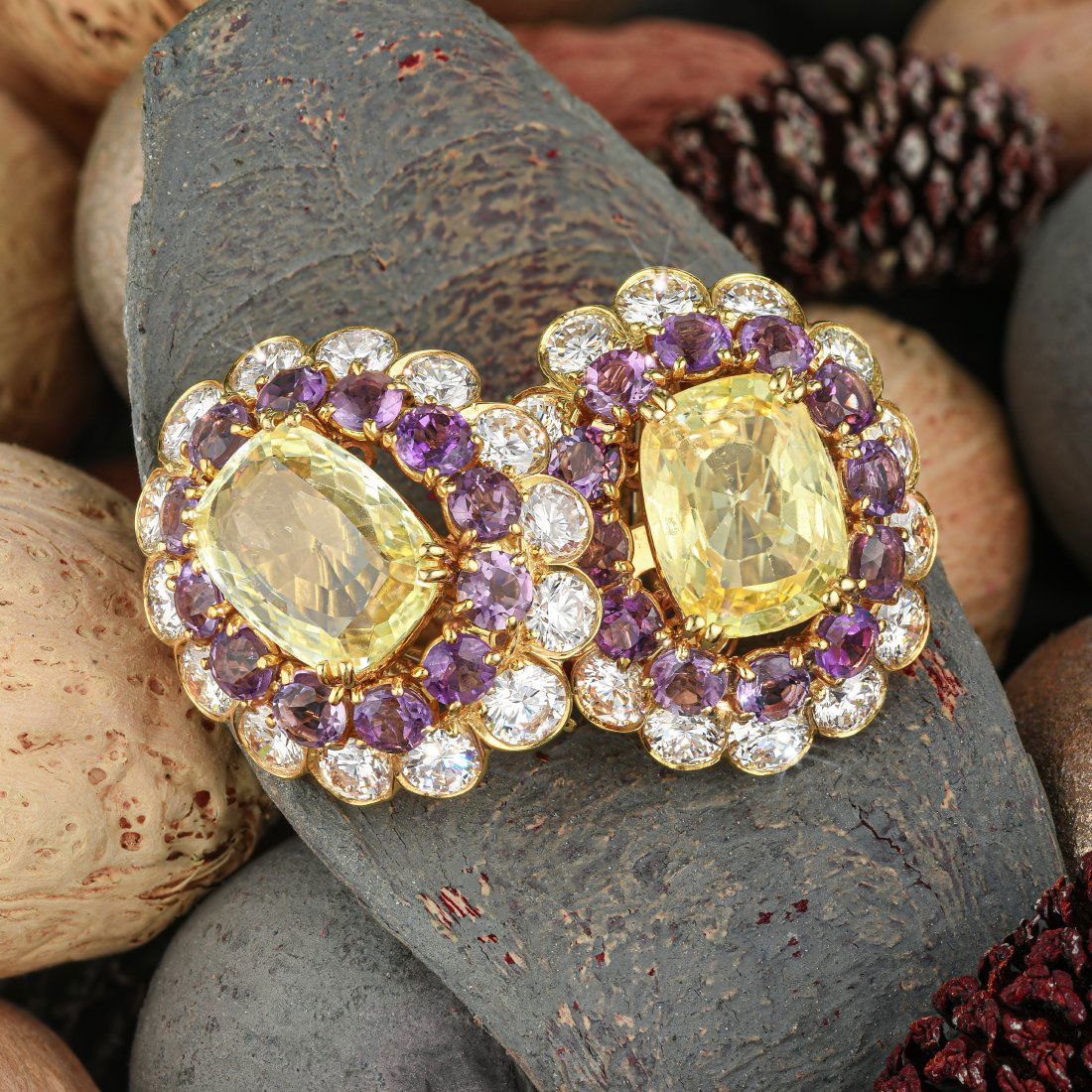 Van Cleef & Arpels Yellow Sapphire Amethyst and Diamond: View a video of this lot here: https://youtu.be/46hnoqBkN3gCrafted in 18K gold; set with round brilliant-cut diamonds, weighing a total of approximately 6.40 carats, most with E-F color and VVS-VS cla